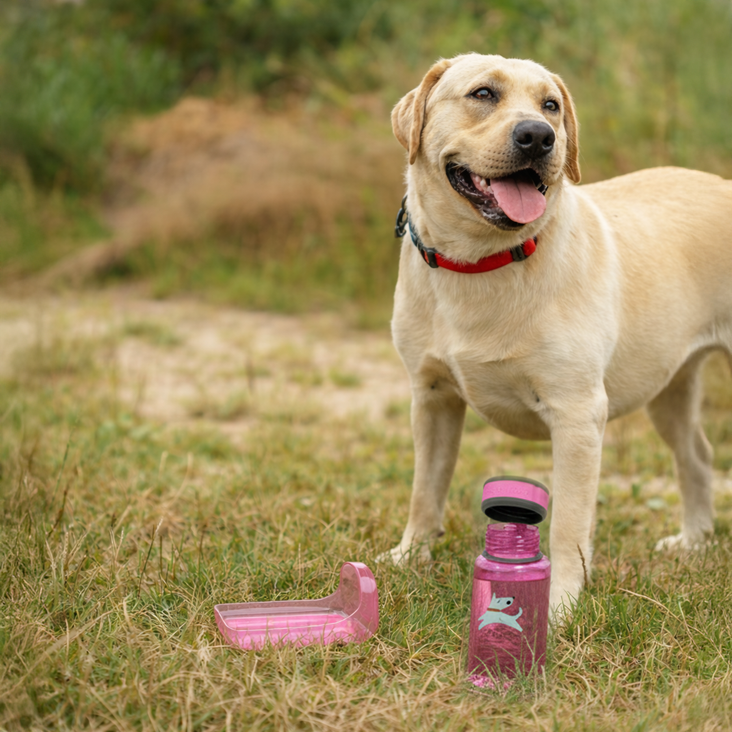 A Labrador Retriever standing next to a Magenta OllyBottle and its detached water bowl on a grass trail during a hike #size_hot pink / 600ml