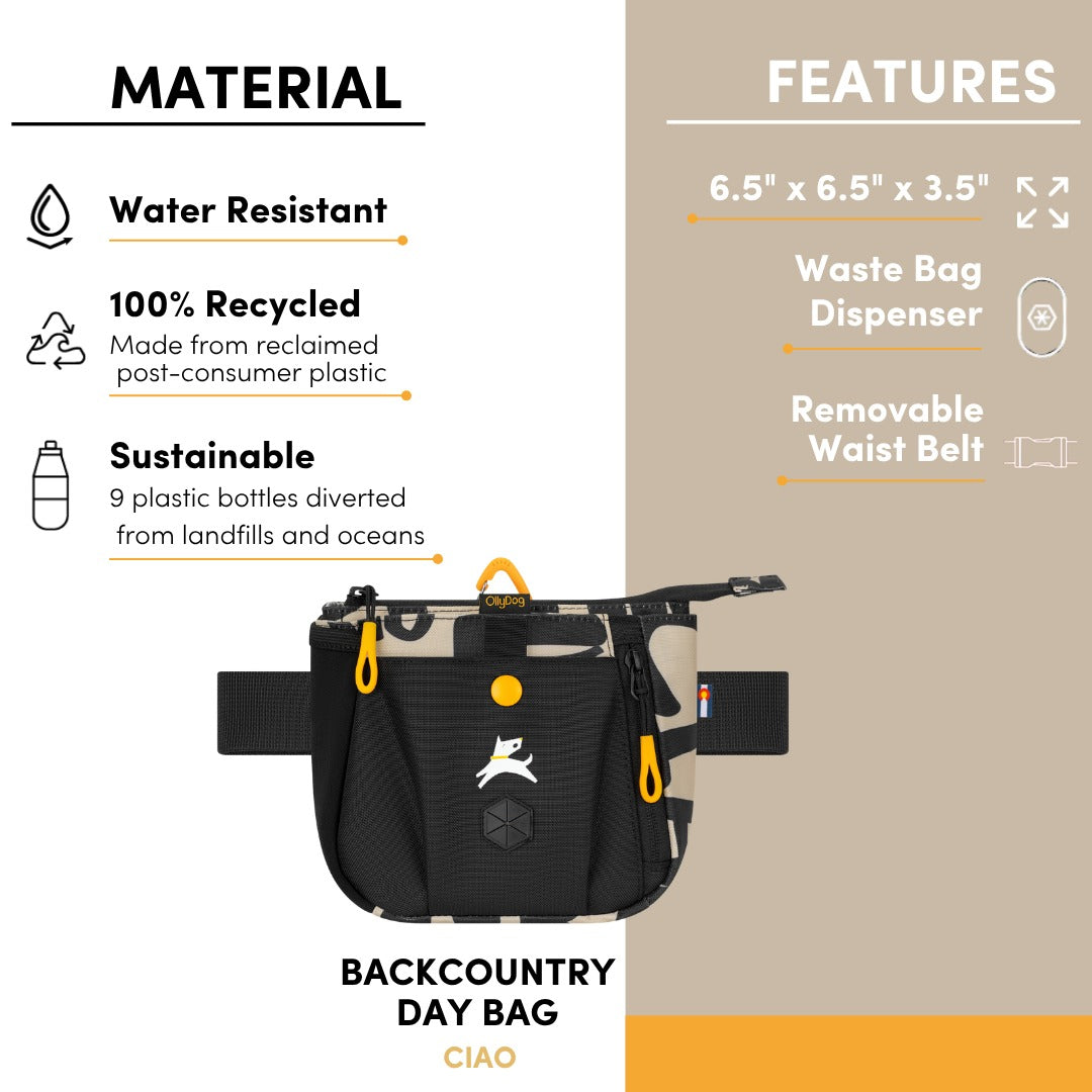 Infographic detailing the product features of the OllyDog Backcountry Day Bag in ciao print color, highlighting water-resistant material, 100% recycled post-consumer plastic design, built-in waste bag dispenser, dimensions, and removable waist belt. #color_ciao