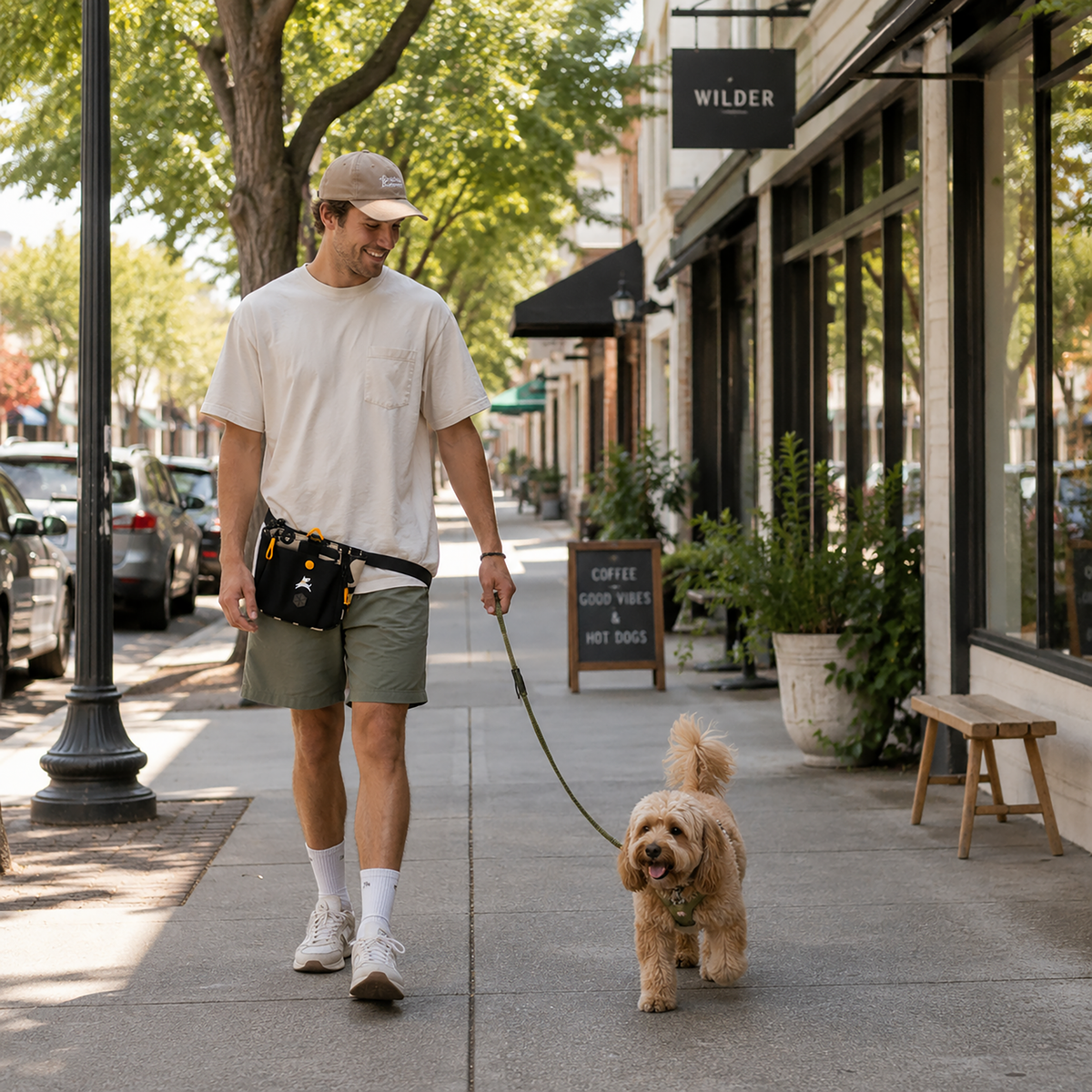 Lifestyle photo of a man walking his fluffy dog on a sunny city sidewalk, wearing the OllyDog Backcountry Day Bag in Ciao pattern around his waist for hands-free walks and trail adventures. #color_ciao