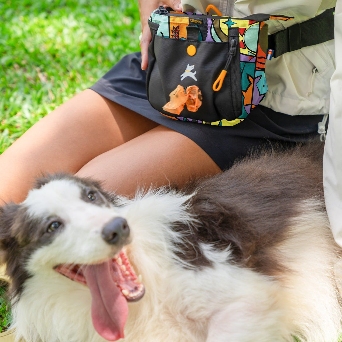 Lifestyle shot of a person wearing the OllyDog Backcountry Day Bag in cloud9 print color around their waist, highlighting the built-in waste bag dispenser and hands-free design while relaxing with a dog outdoors. #color_cloud9