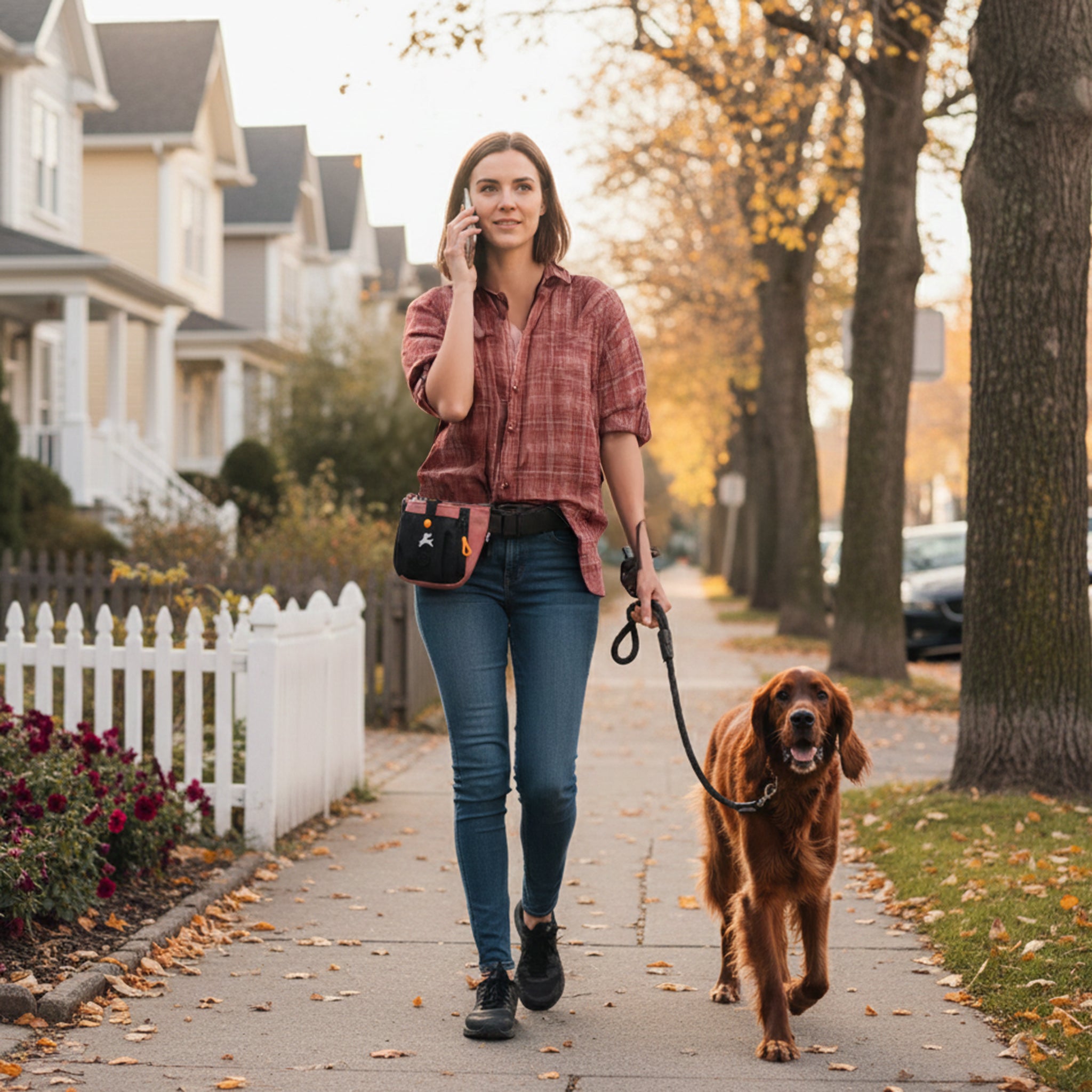 Lifestyle shot of a person wearing the OllyDog Backcountry Day Bag in desert color around their waist while talking on the phone and walking a dog on a neighborhood sidewalk. #color_desert
