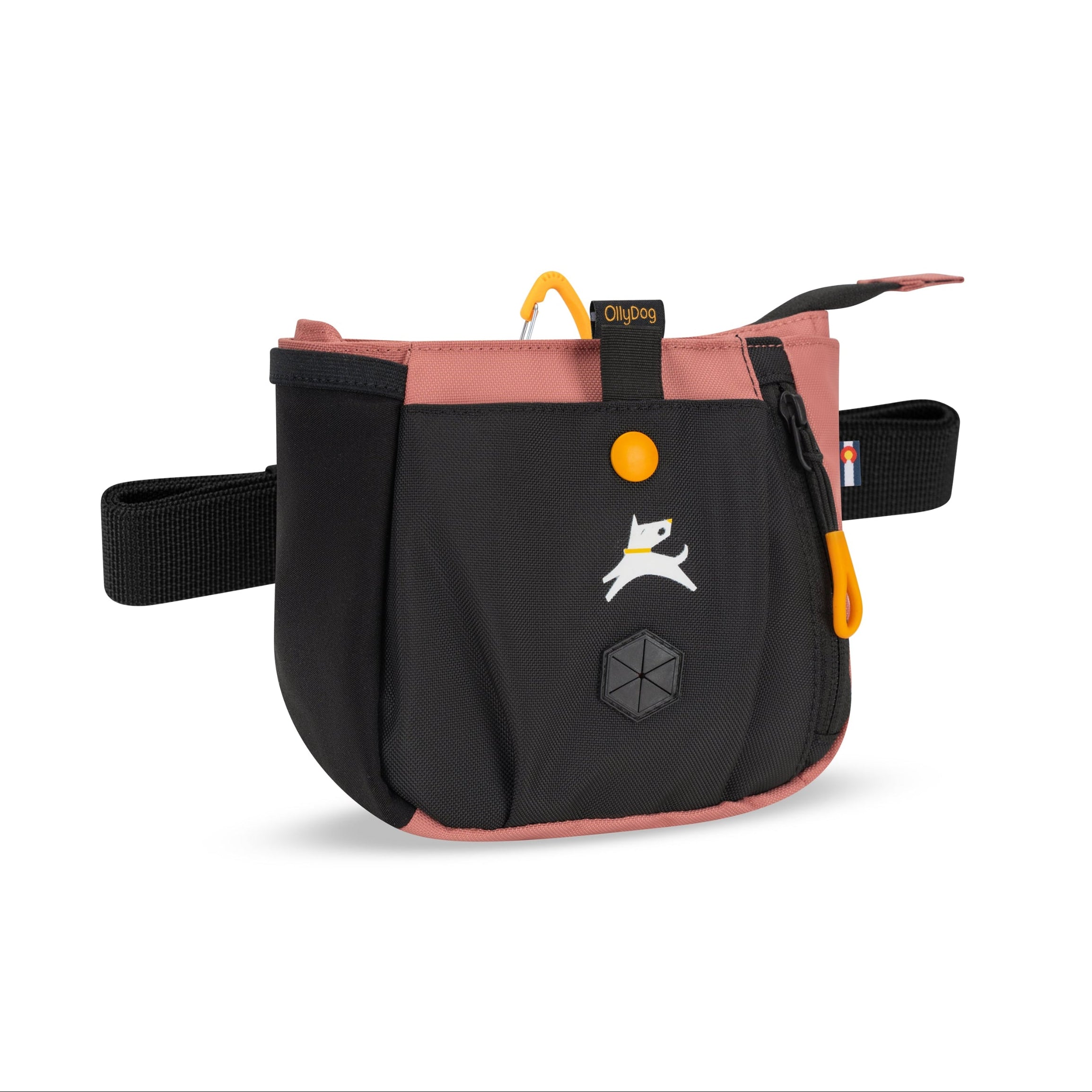 Side-angle view of the OllyDog Backcountry Day Bag in desert color, showcasing the recycled polyester material, zippered pocket, and waist belt. #color_desert