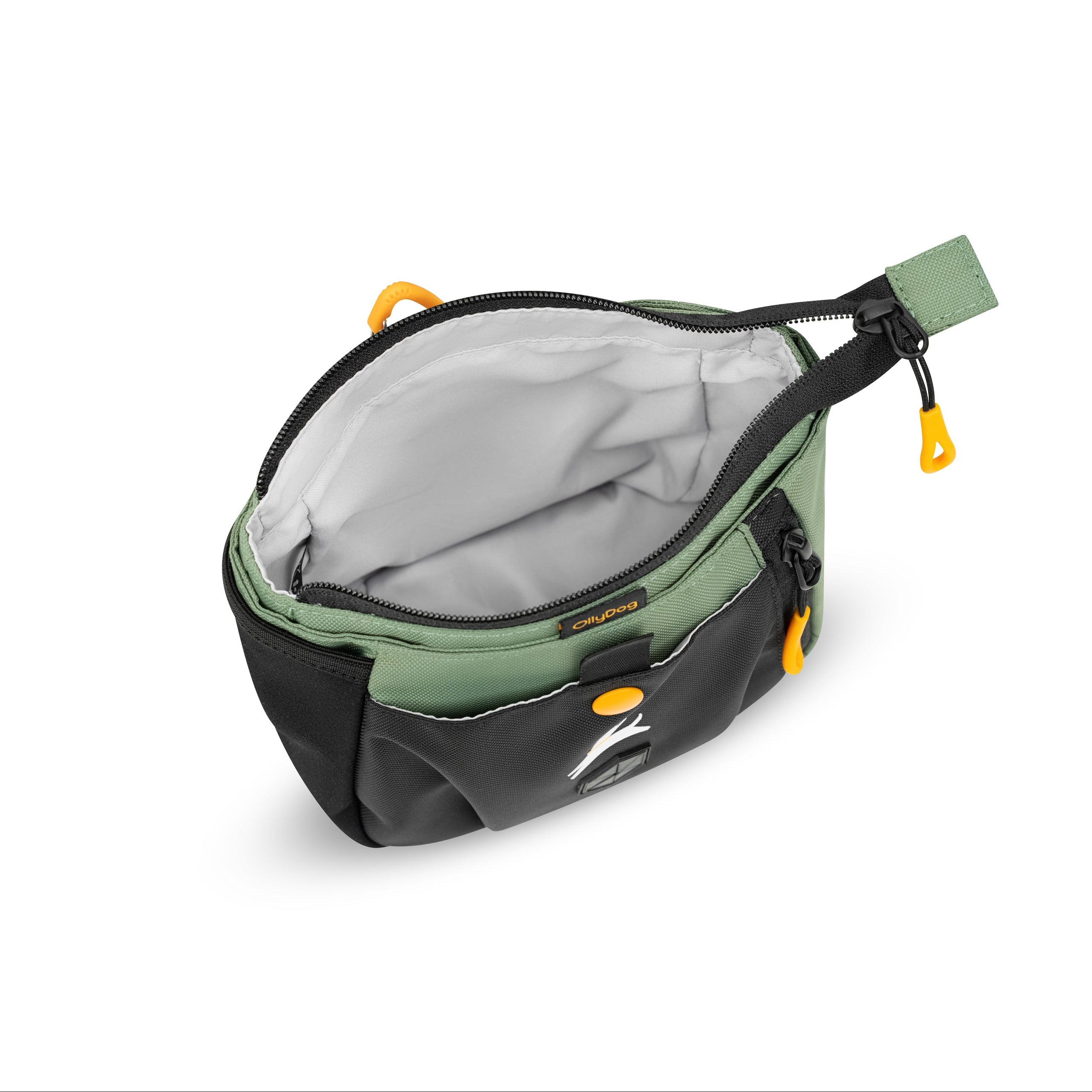 Top-down view of the OllyDog Backcountry Day Bag in olivine green color showing the open, roomy interior compartment to store daily essentials. #color_olivine