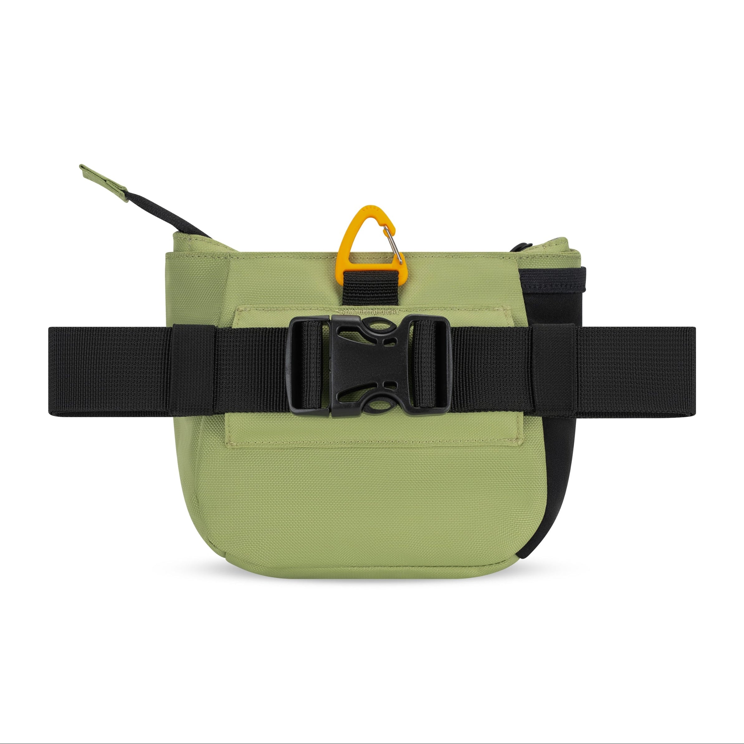 Back view of the OllyDog Backcountry Day Bag in palm green color showcasing the quick-release buckle and removable waist belt. #color_palm