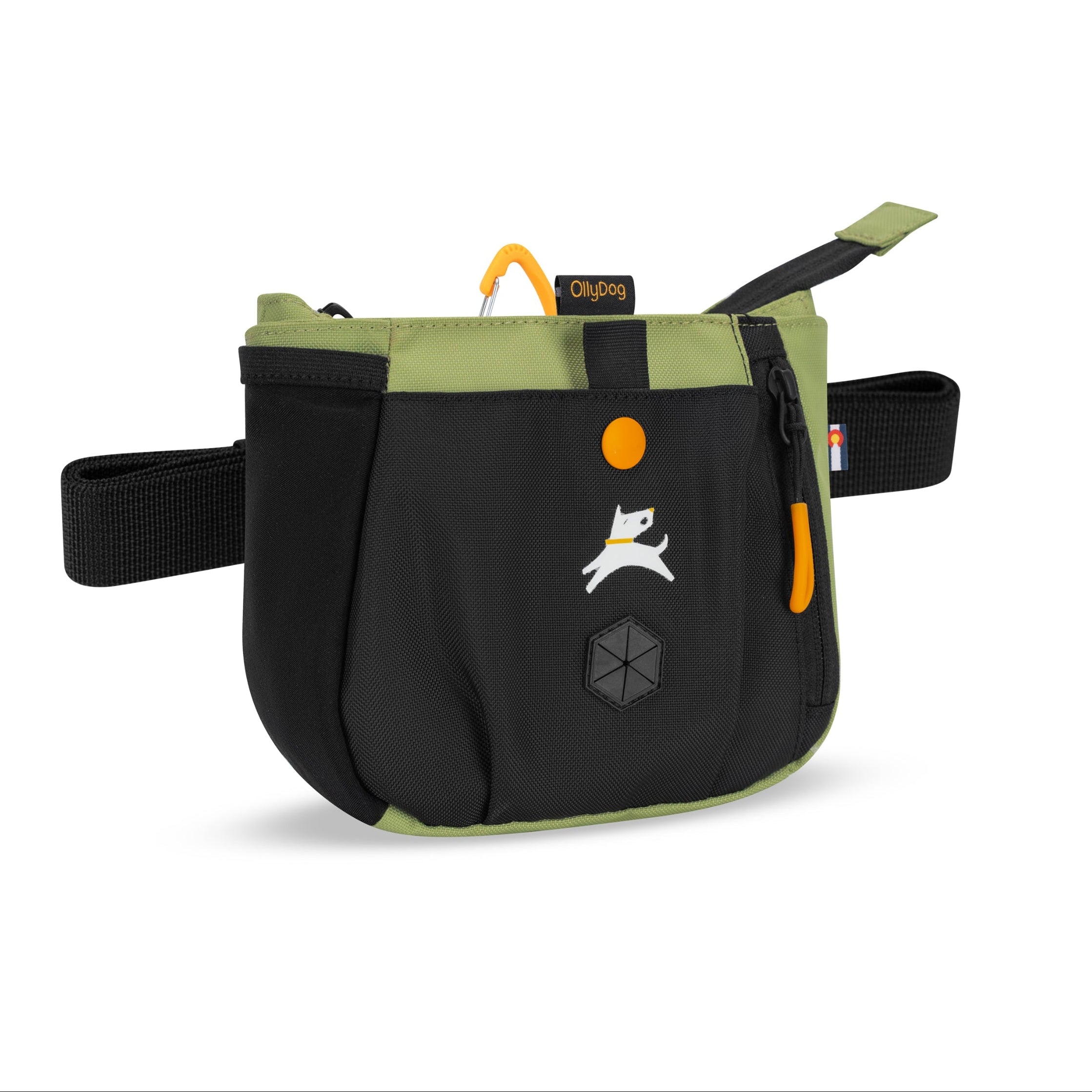 Side-angle view of the OllyDog Backcountry Day Bag in palm green color, showcasing the recycled polyester material, zippered pocket, and waist belt. #color_palm