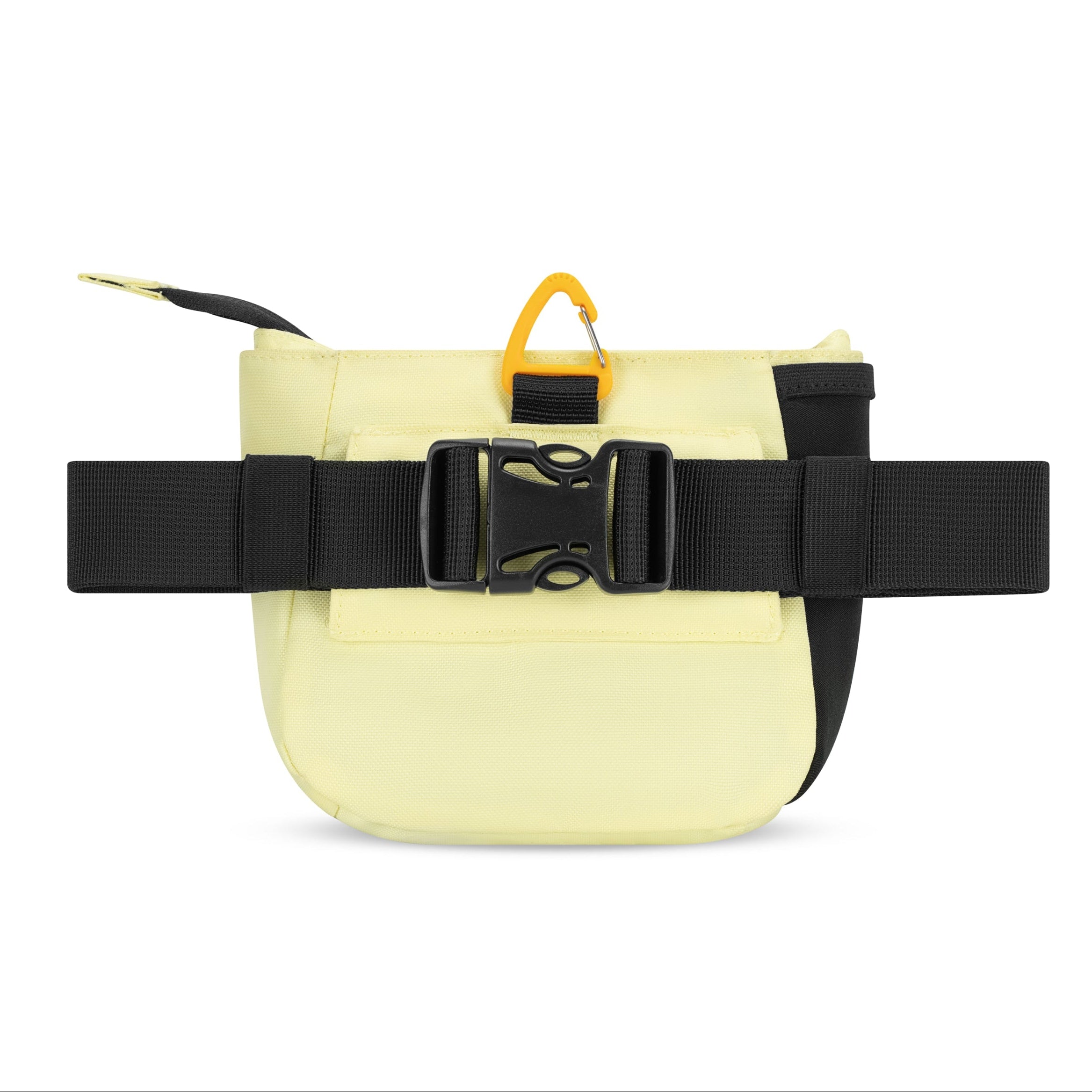 Back view of the OllyDog Backcountry Day Bag in sol yellow color showcasing the quick-release buckle and removable waist belt. #color_sol