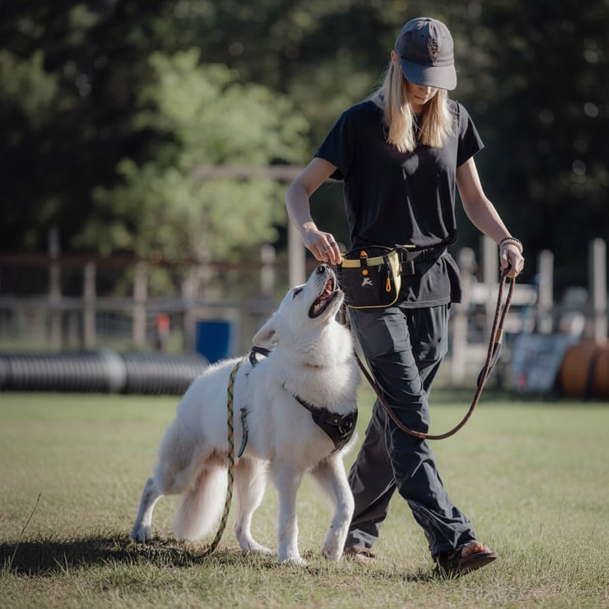 Lifestyle shot of a person wearing the OllyDog Backcountry Day Bag in sol yellow color around their waist while walking and training a dog outdoors. #color_sol