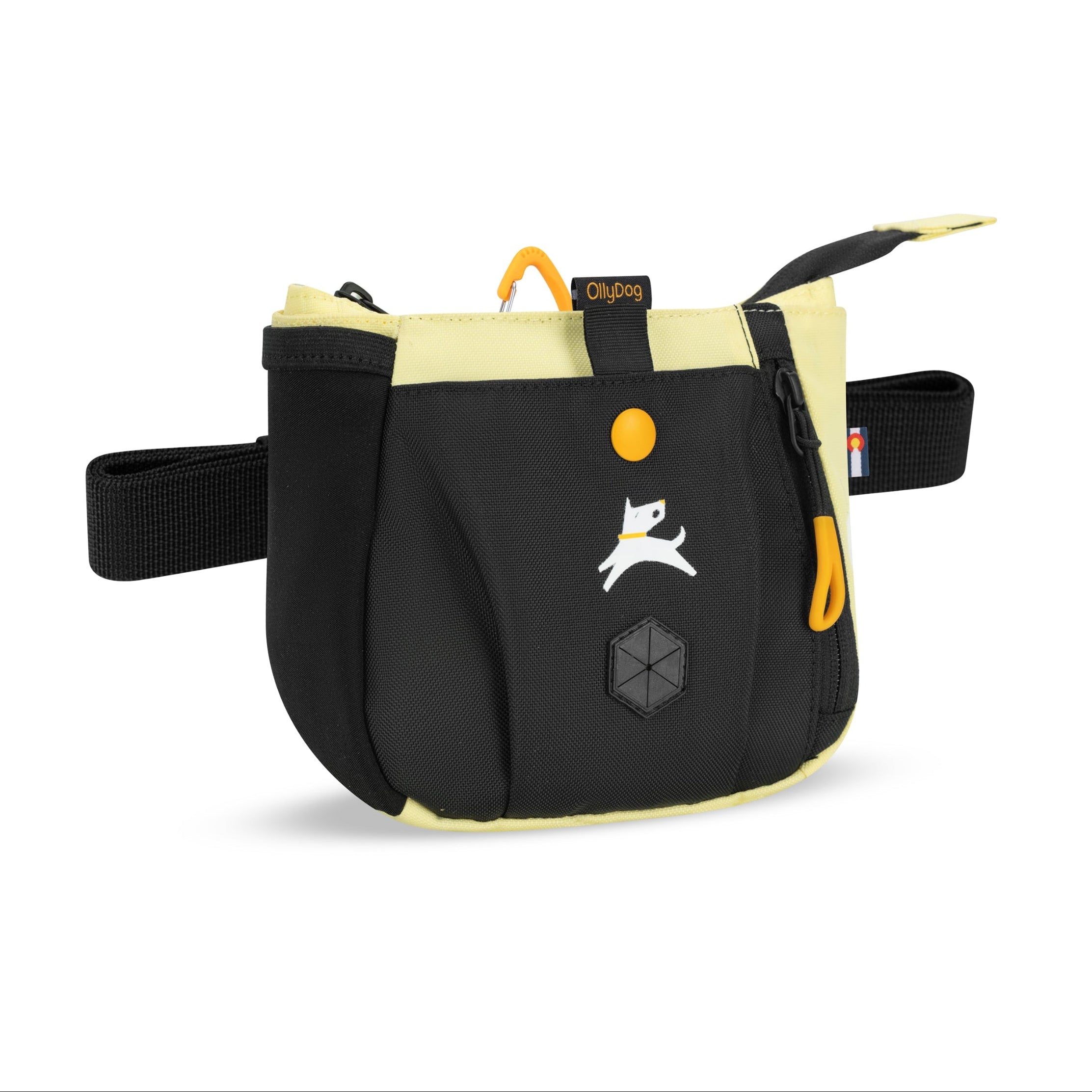 Side-angle view of the OllyDog Backcountry Day Bag in sol yellow color, showcasing the recycled polyester material, zippered pocket, and waist belt. #color_sol