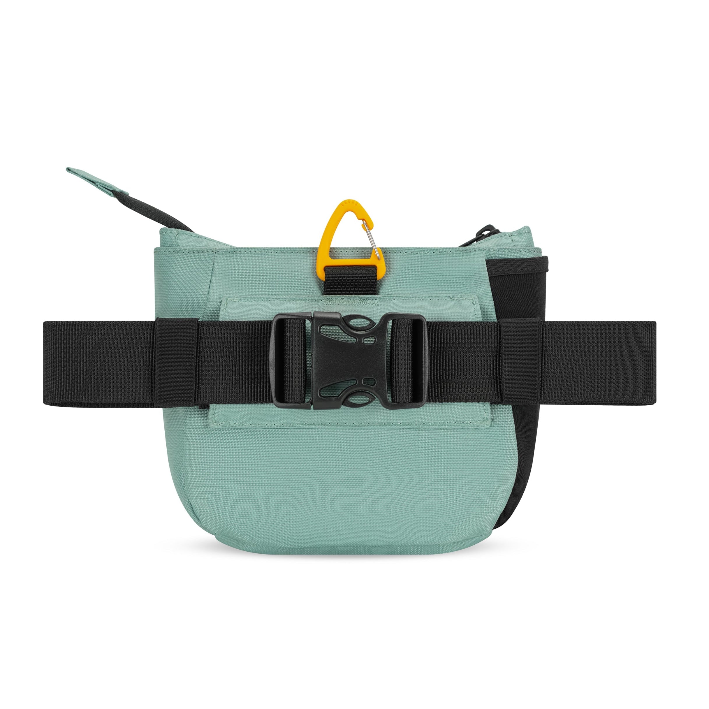Back view of the OllyDog Backcountry Day Bag in surf blue color showcasing the quick-release buckle and removable waist belt. #color_surf