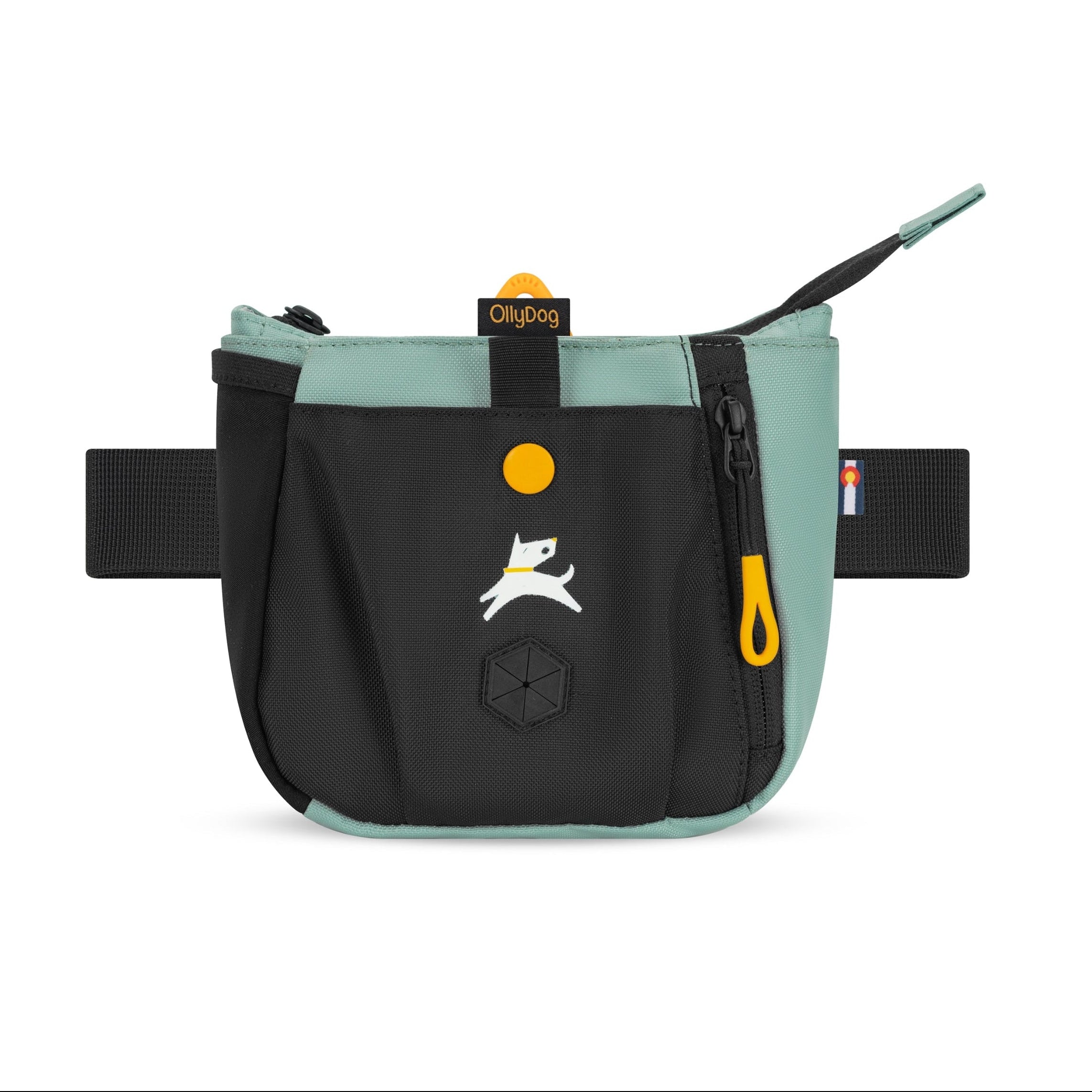Front view of the OllyDog Backcountry Day Bag in surf blue color, showcasing the recycled polyester design, zippered pocket for treats, built-in waste bag dispenser, and waist belt. #color_surf