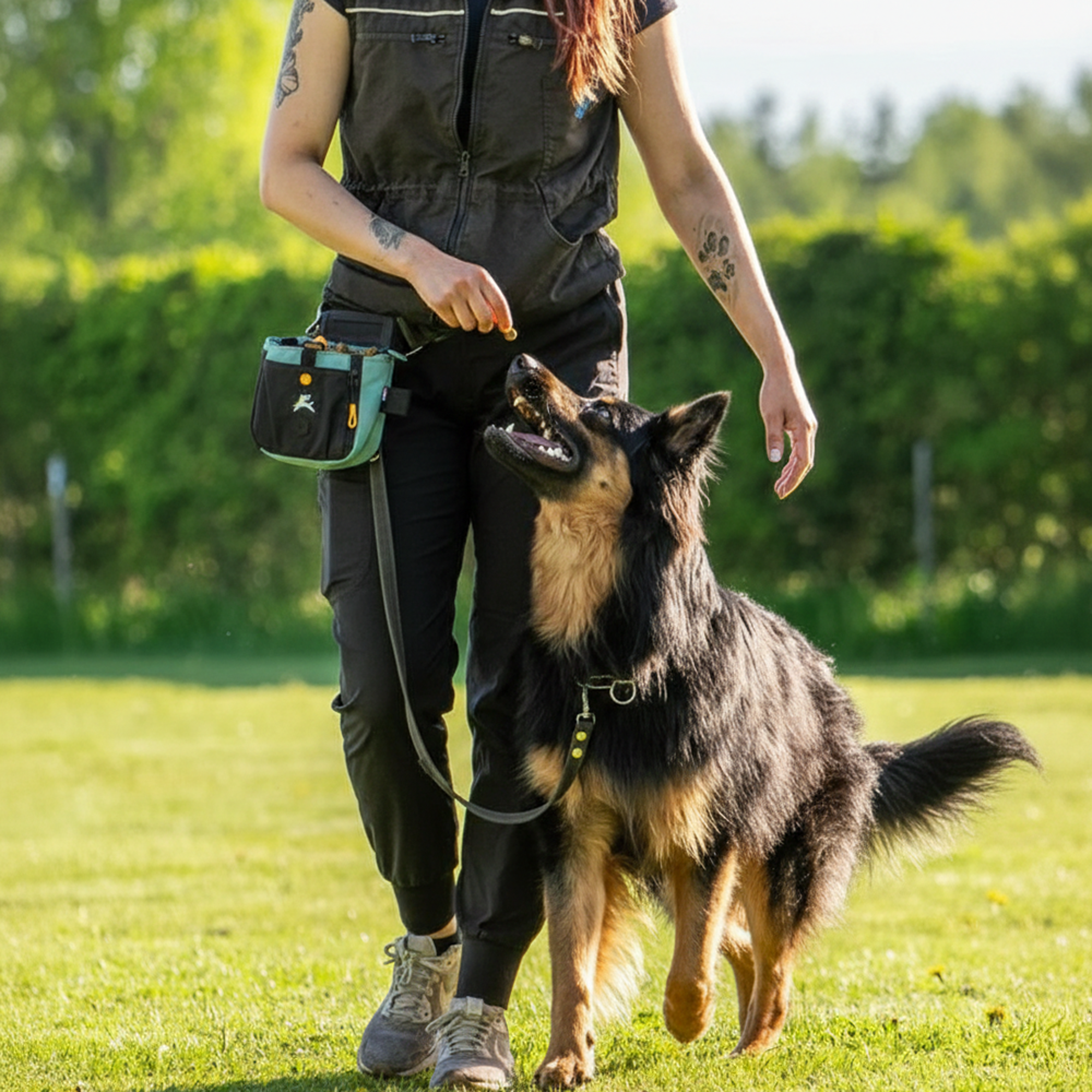 Lifestyle shot of a person wearing the OllyDog Backcountry Day Bag in surf blue color around their waist while training and walking a dog outdoors. #color_surf