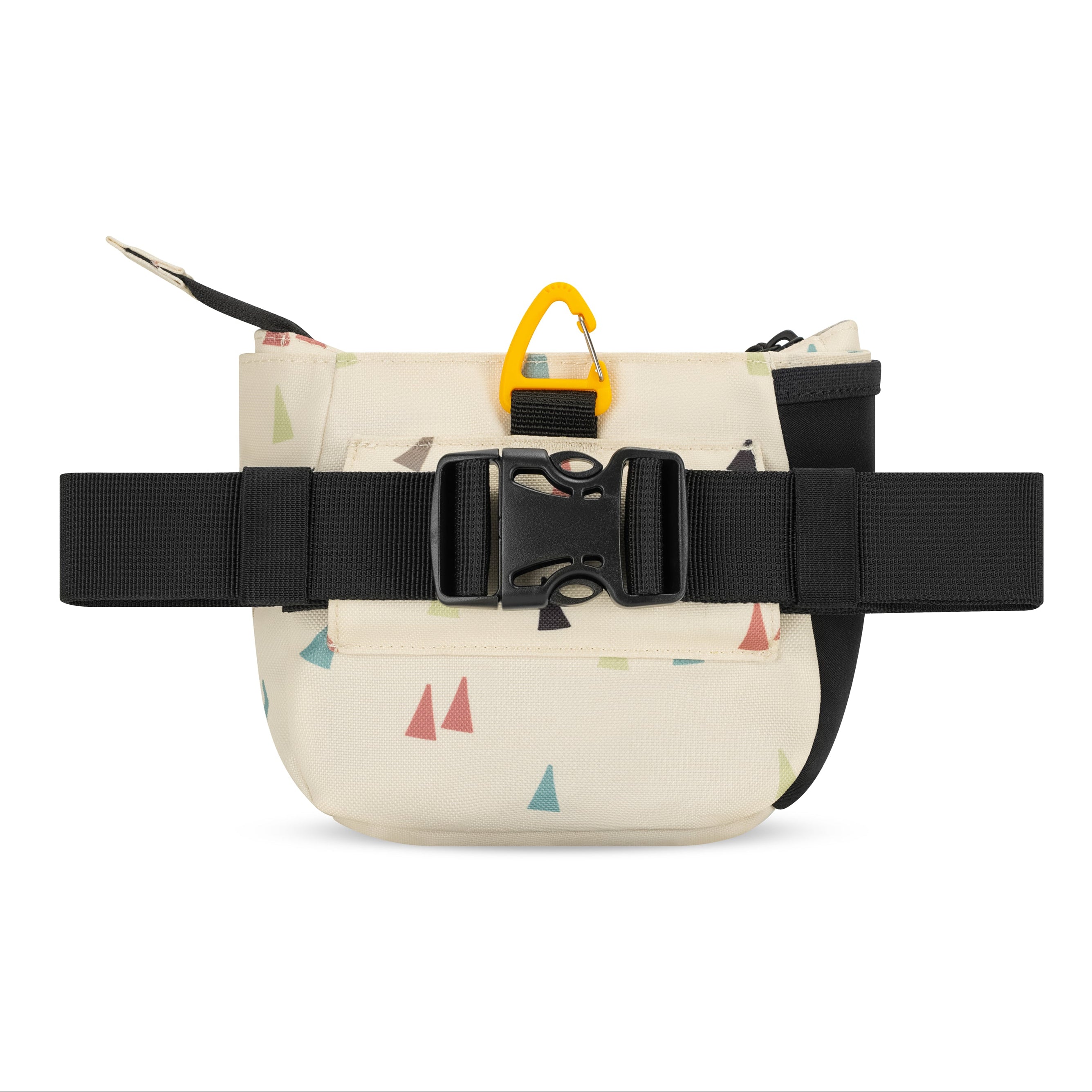 Back view of the OllyDog Backcountry Day Bag in terrazzo print color showcasing the quick-release buckle and removable waist belt. #color_terrazzo