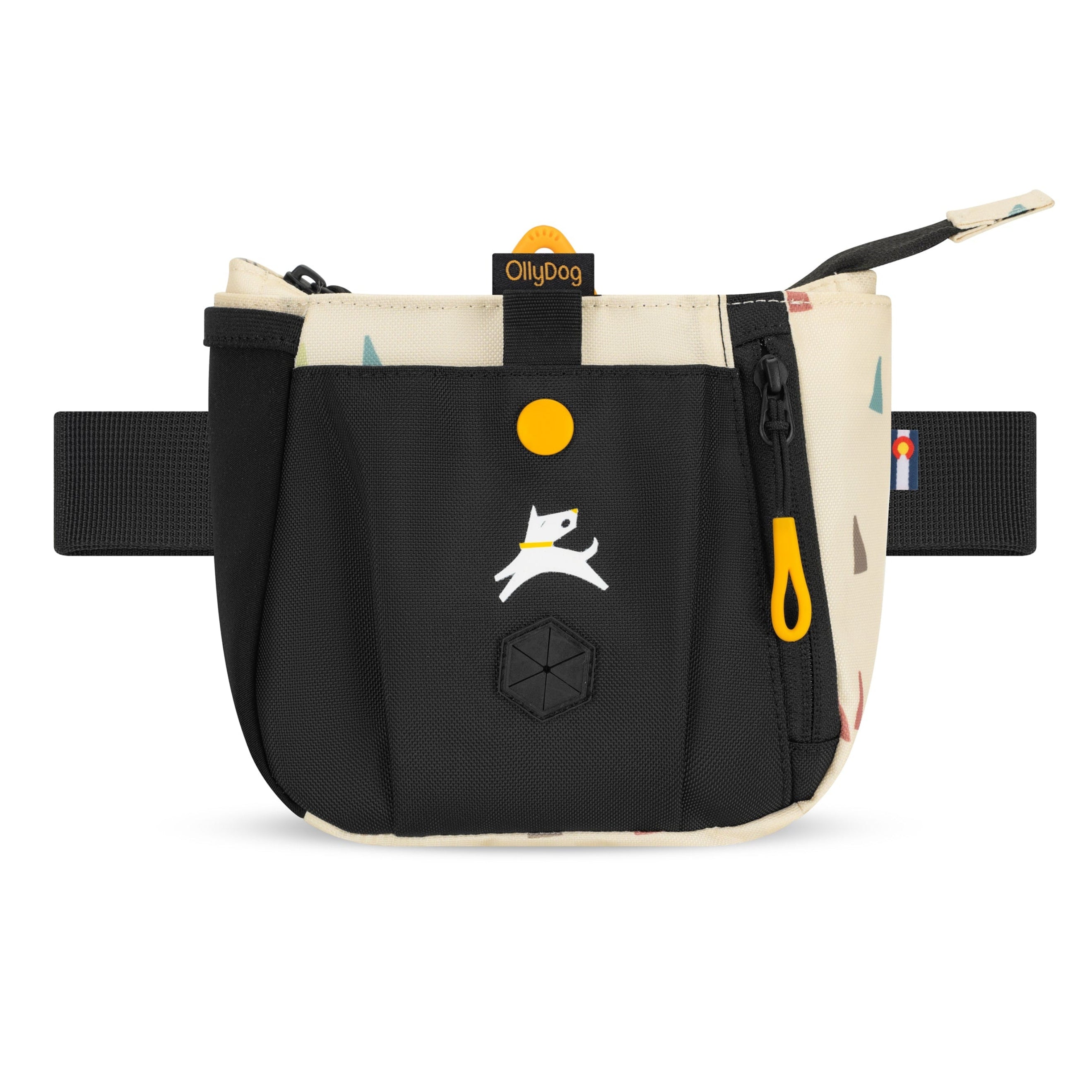 Front view of the OllyDog Backcountry Day Bag in terrazzo print color, showcasing the recycled polyester design, zippered pocket for treats, built-in waste bag dispenser, and waist belt. #color_terrazzo