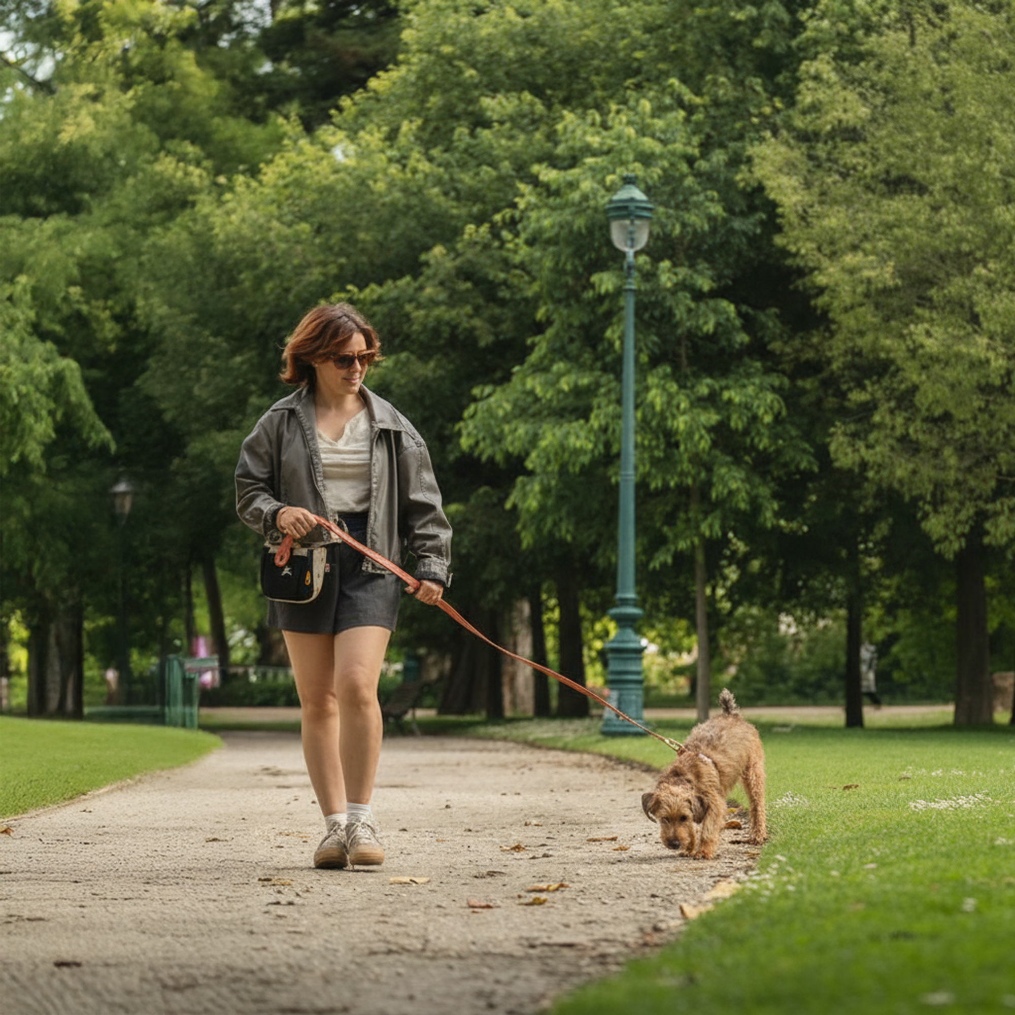 Lifestyle shot of a person wearing the OllyDog Backcountry Day Bag in terrazzo print color around their waist while walking a dog on a scenic outdoor path. #color_terrazzo