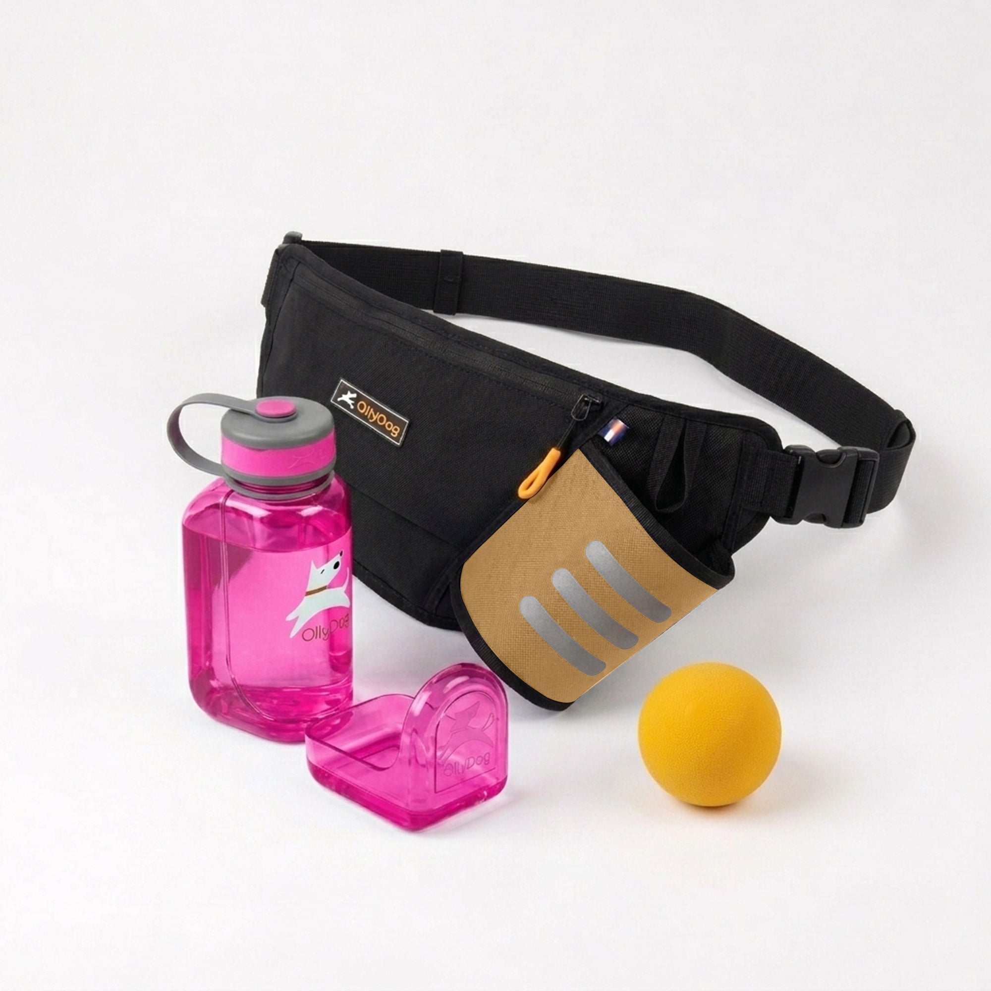OllyDog dog walking bundle featuring a Raven black Hydro-Slim fanny pack with a Tan accent pocket, a pink portable OllyBottle dog water bottle with an integrated drinking bowl, and a yellow solid rubber Happy Camper ball