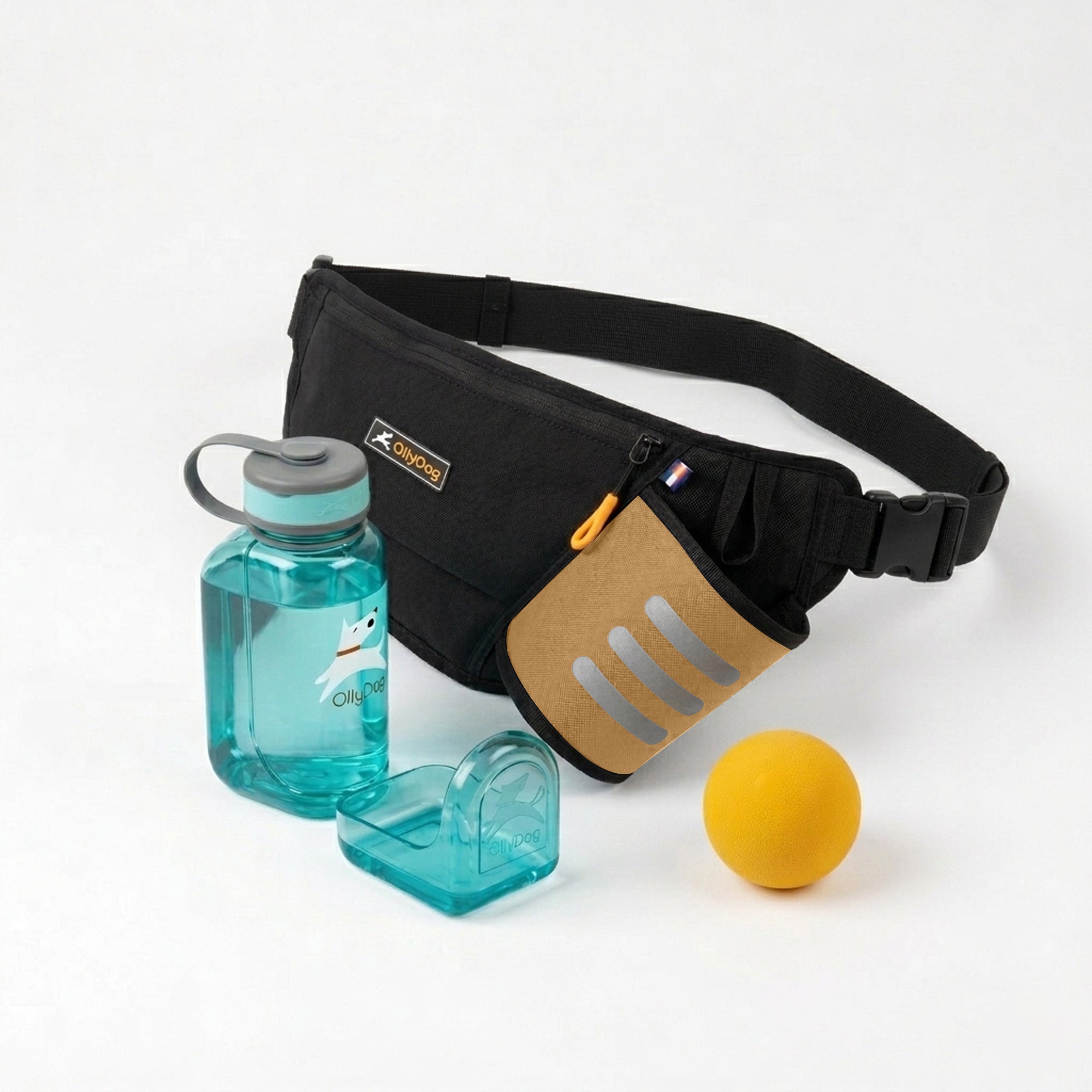 OllyDog dog walking bundle including a black Hydro-Slim fanny pack with a tan accent pocket, a blue portable OllyBottle with an integrated drinking bowl, and a yellow rubber Happy Camper ball