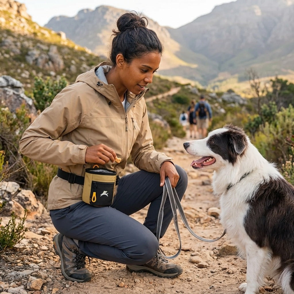 Lifestyle shot of a woman kneeling on a mountain trail training her border collie dog while wearing the OllyDog Goodie Treat Bag in antelope color around her waist and offering a treat. #color_antelope