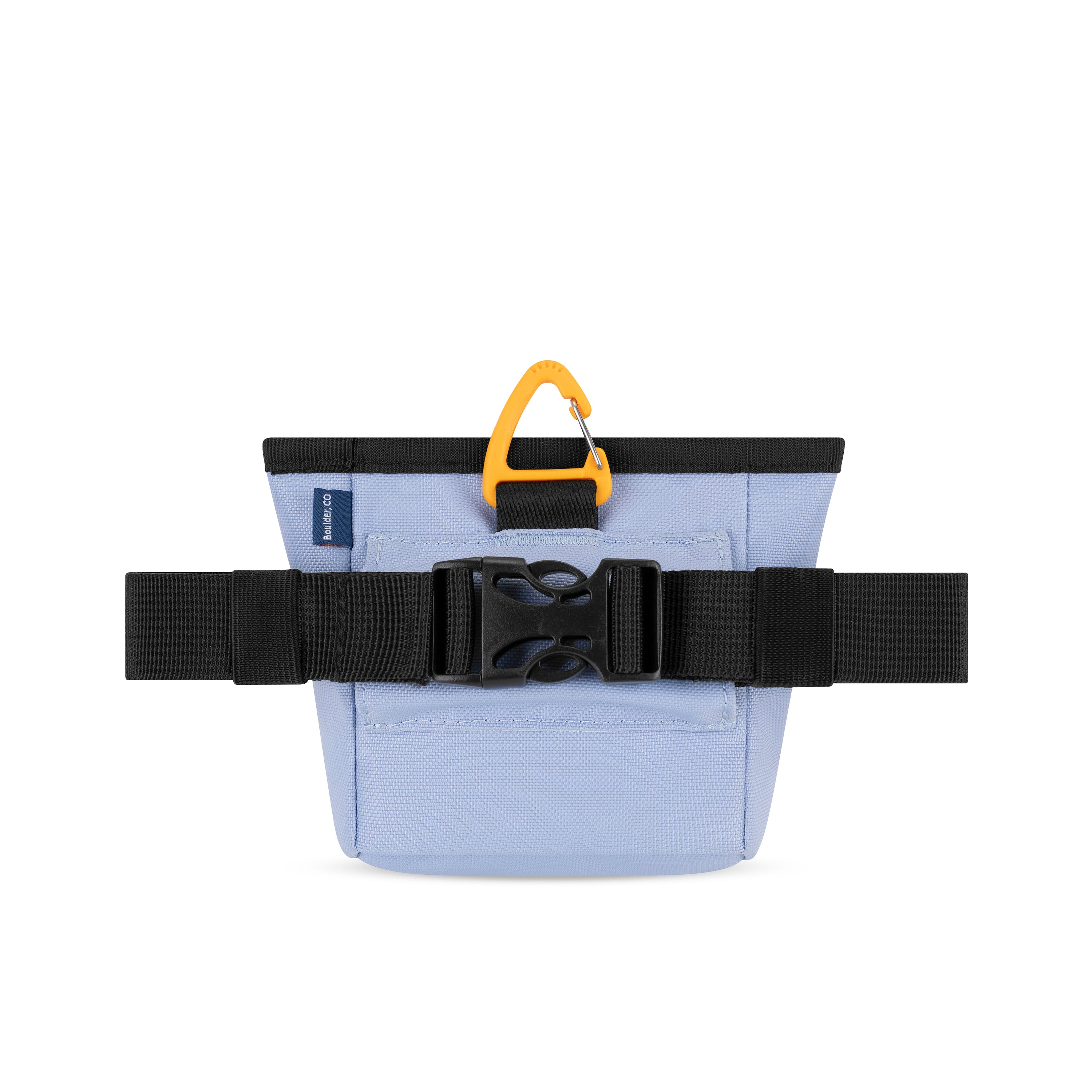 Back view of the OllyDog Goodie Treat Bag in blue heron color displaying the quick-release buckle and removable waist belt. #color_blue heron