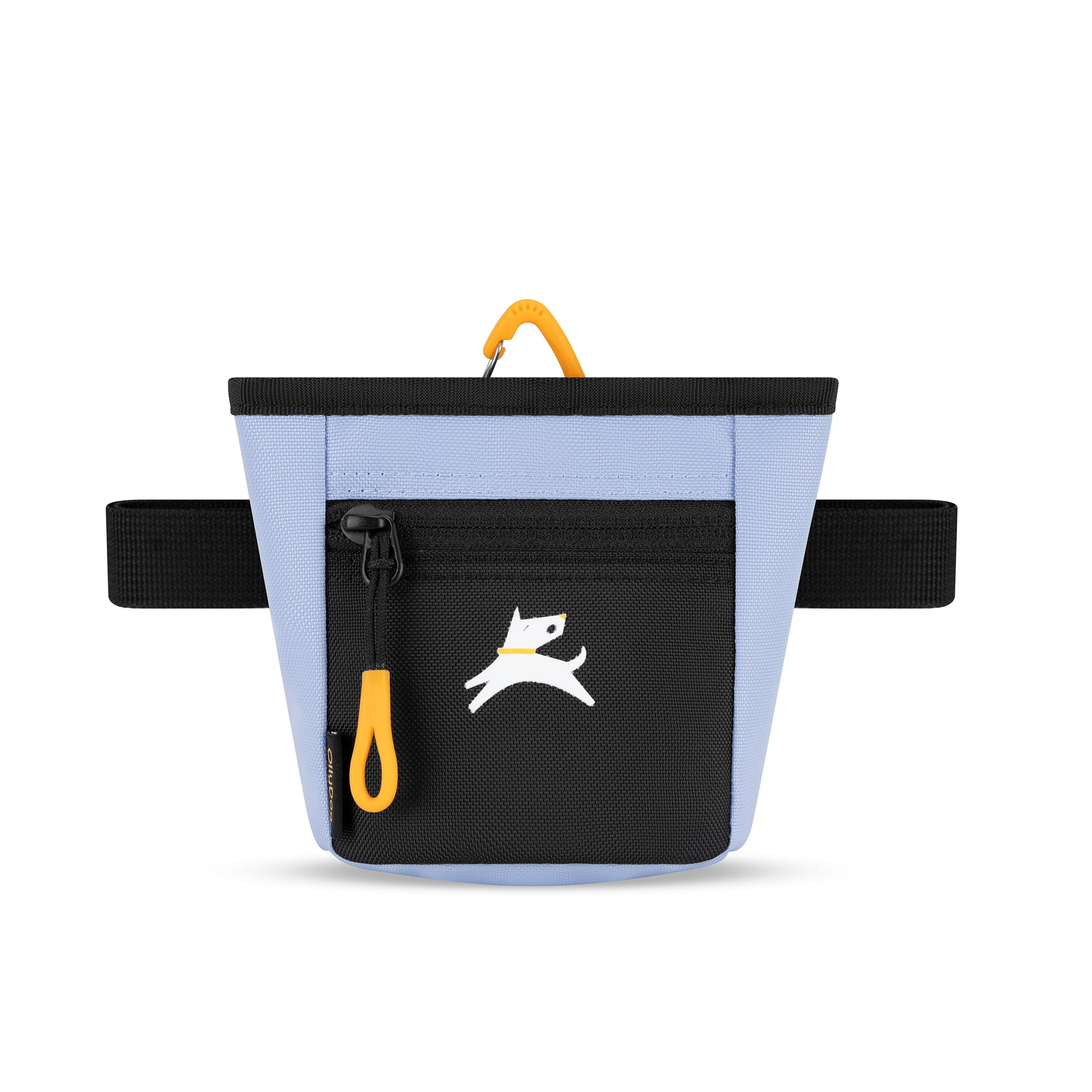 Front view of the OllyDog Goodie Treat Bag in blue heron color showing the magnetic closure, front zipper pocket, and waist belt for dog training. #color_blue heron