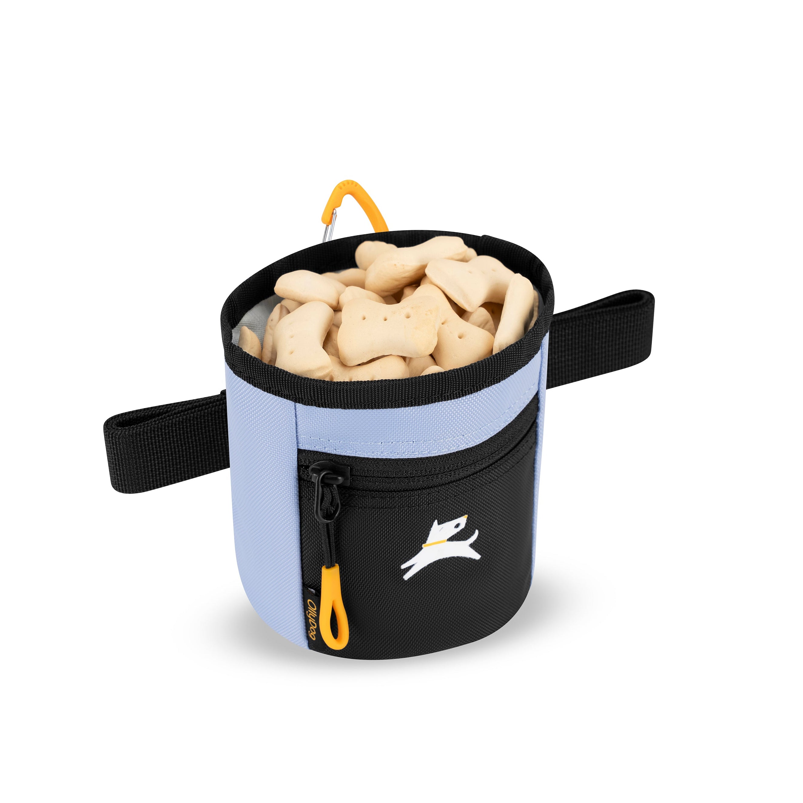 Interior view of the OllyDog Goodie Treat Bag in blue heron color filled with dog treats, highlighting the convenient magnetic closure opening for training. #color_blue heron