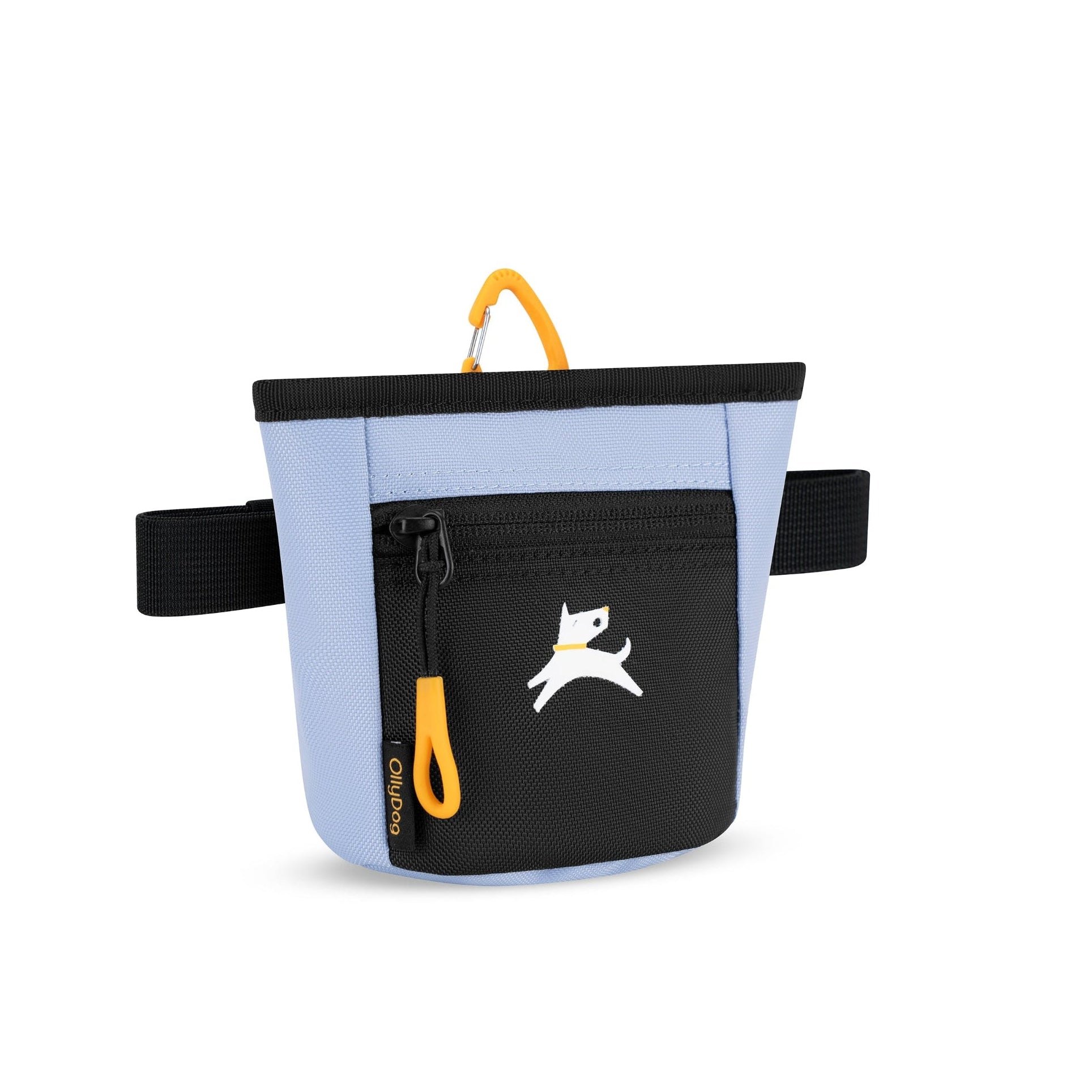 Side angle view of the OllyDog Goodie Treat Bag in blue heron color featuring a hands-free design, front zipper pocket, and magnetic closure for dog training. #color_blue heron