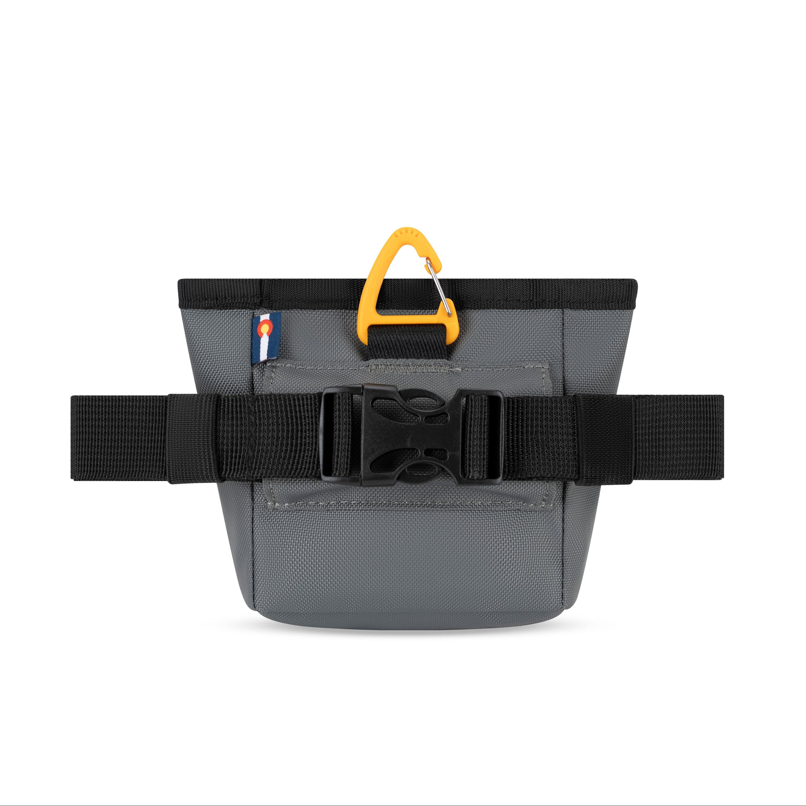 Back view of the OllyDog Goodie Treat Bag in castle rock grey color showcasing the quick-release buckle and removable waist belt. #color_castle rock