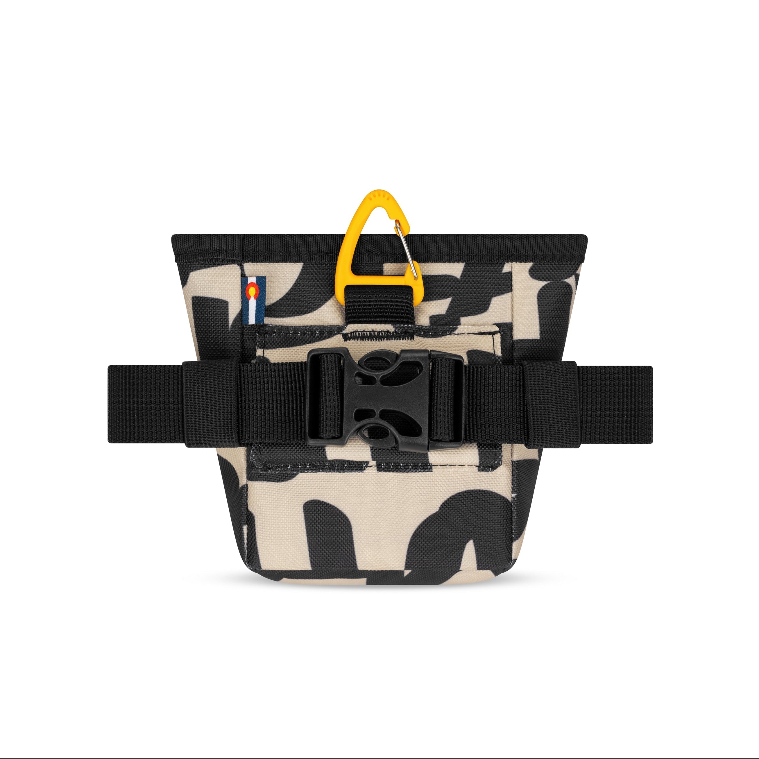 Back view of the OllyDog Goodie Treat Bag in ciao print displaying the quick-release buckle and removable waist belt. #color_ciao