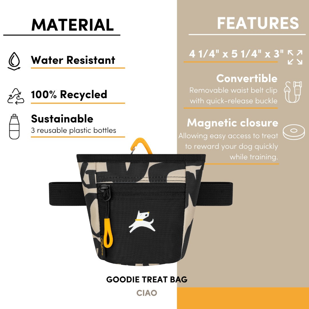 Infographic detailing the material and features of the OllyDog Goodie Treat Bag in ciao print, including water-resistant material, 100% recycled fabric, dimensions, and magnetic closure. #color_ciao