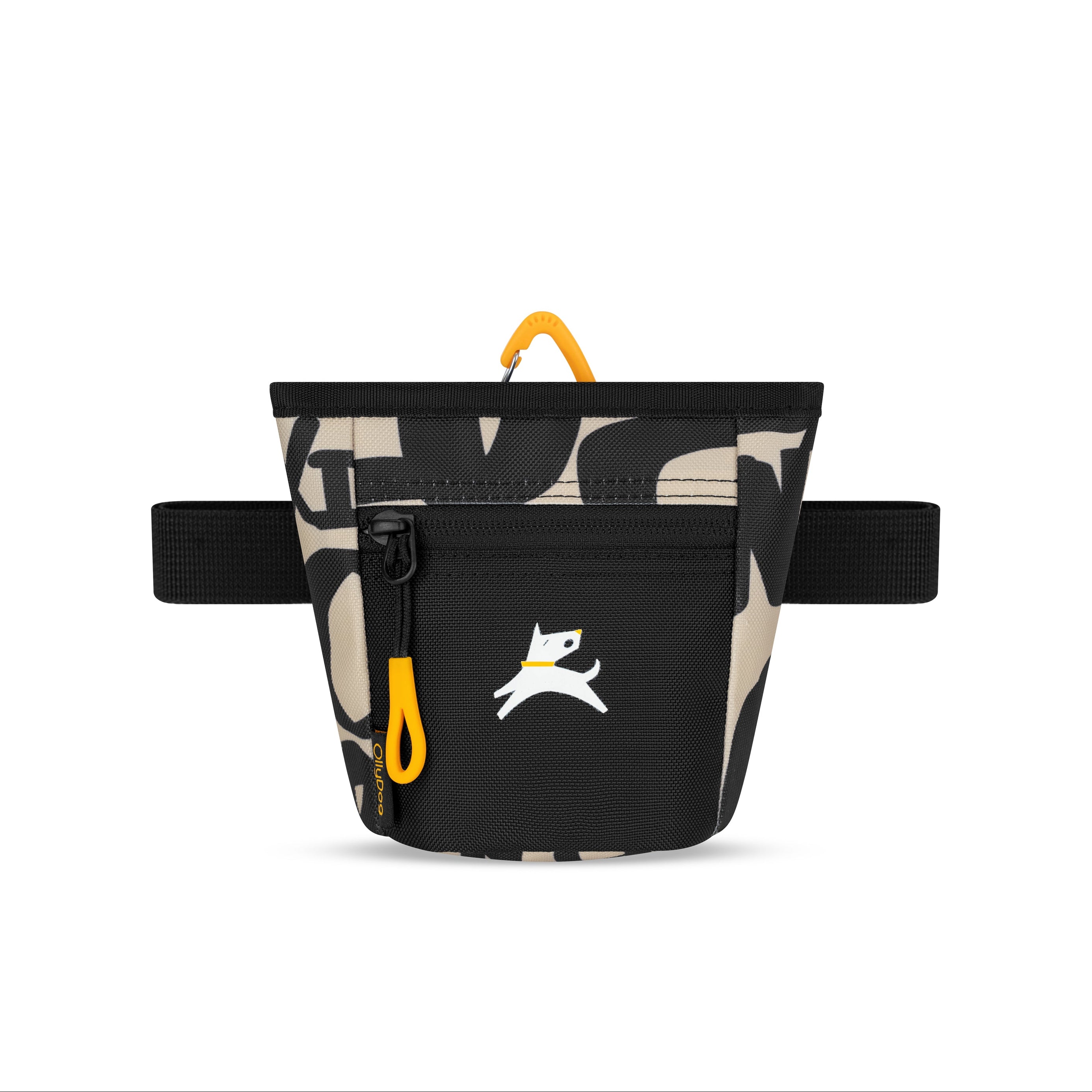 Front view of the OllyDog Goodie Treat Bag in ciao print showing the magnetic closure, front zipper pocket, and waist belt for dog training. #color_ciao