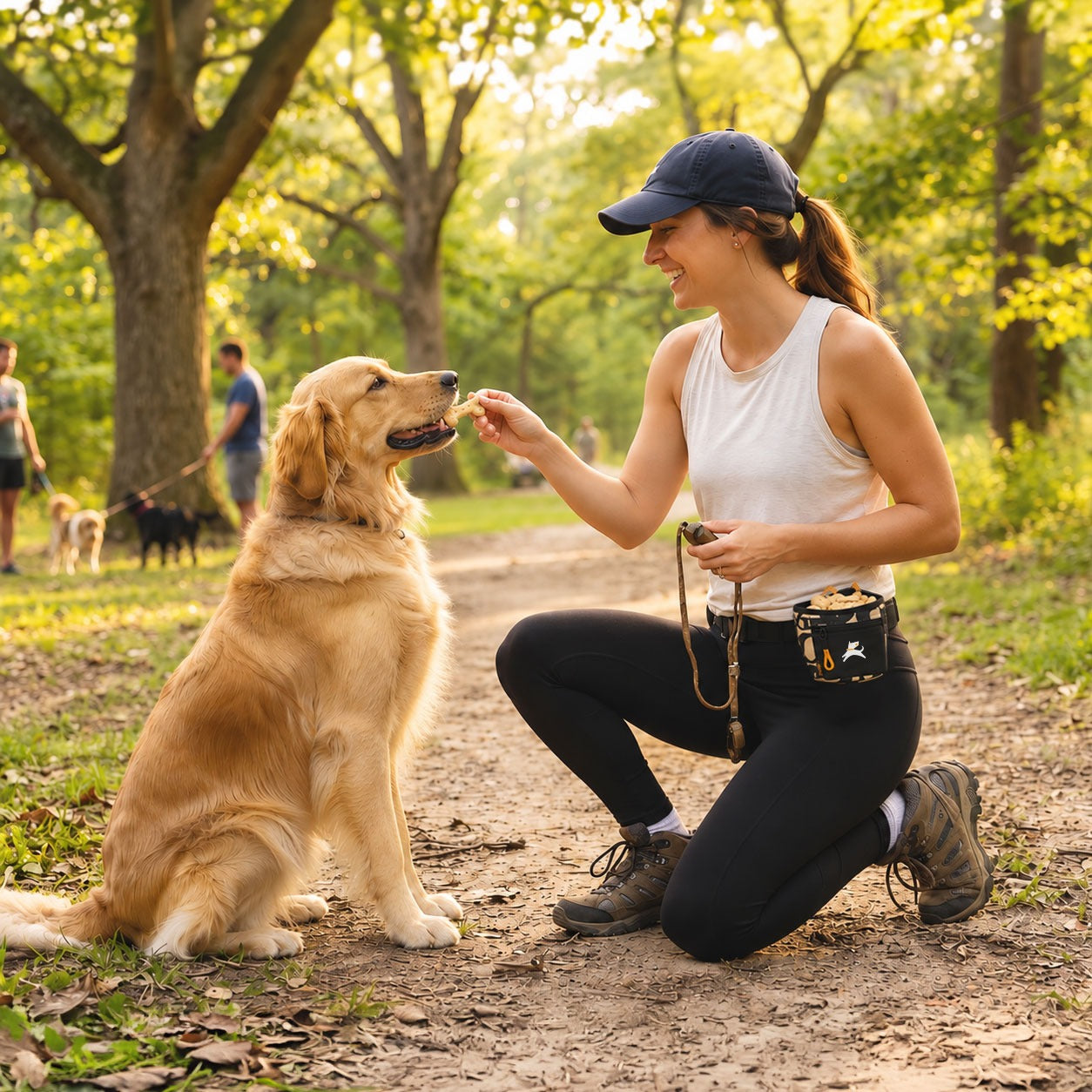 Lifestyle photo of a woman training and treating her golden retriever on a wooded trail, wearing the OllyDog Goodie Treat Bag in Ciao pattern around her waist for quick, hands-free access. #color_ciao