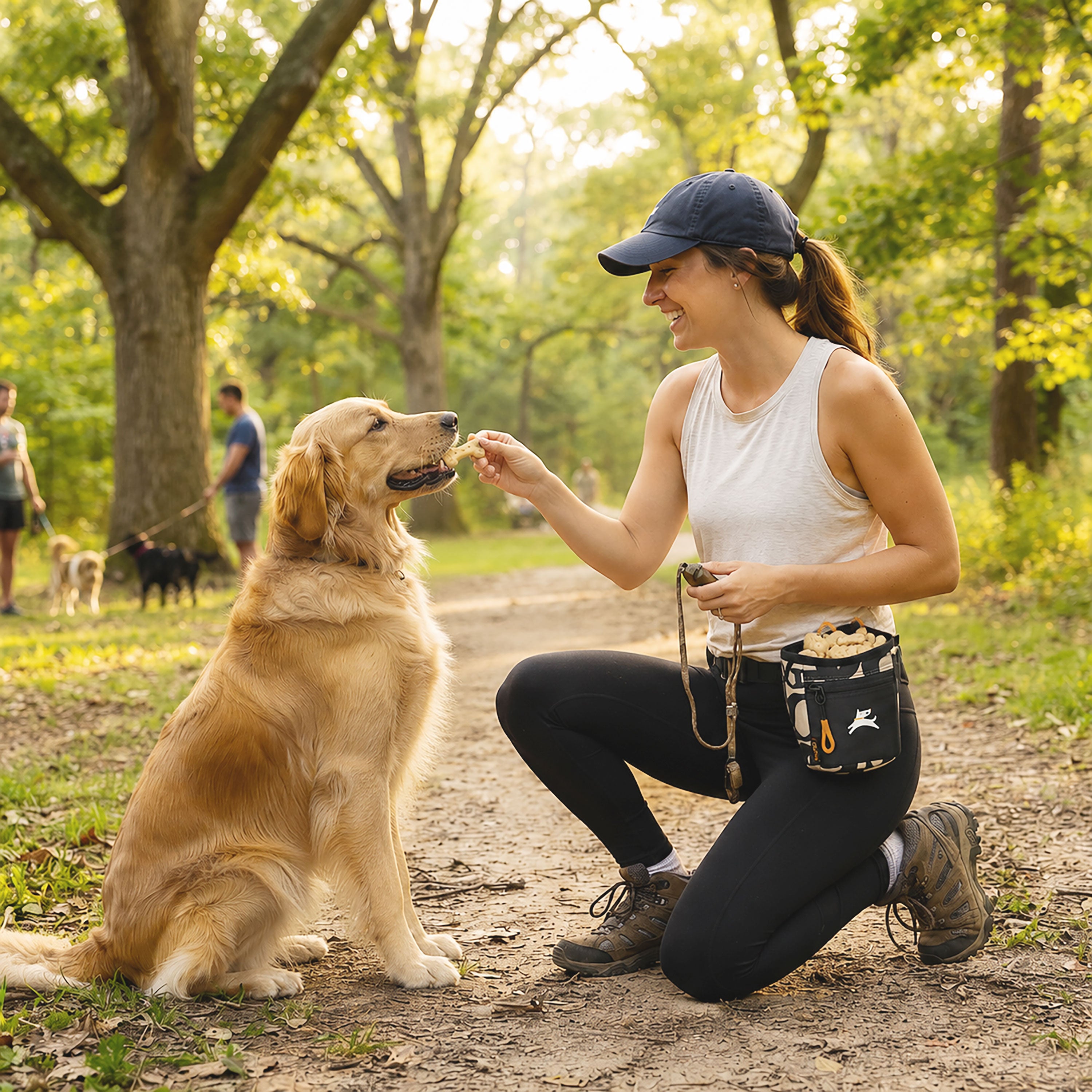 Lifestyle photo of a woman training and treating her golden retriever on a wooded trail, wearing the OllyDog Goodie Treat Bag in Ciao pattern around her waist for quick, hands-free access. #color_ciao