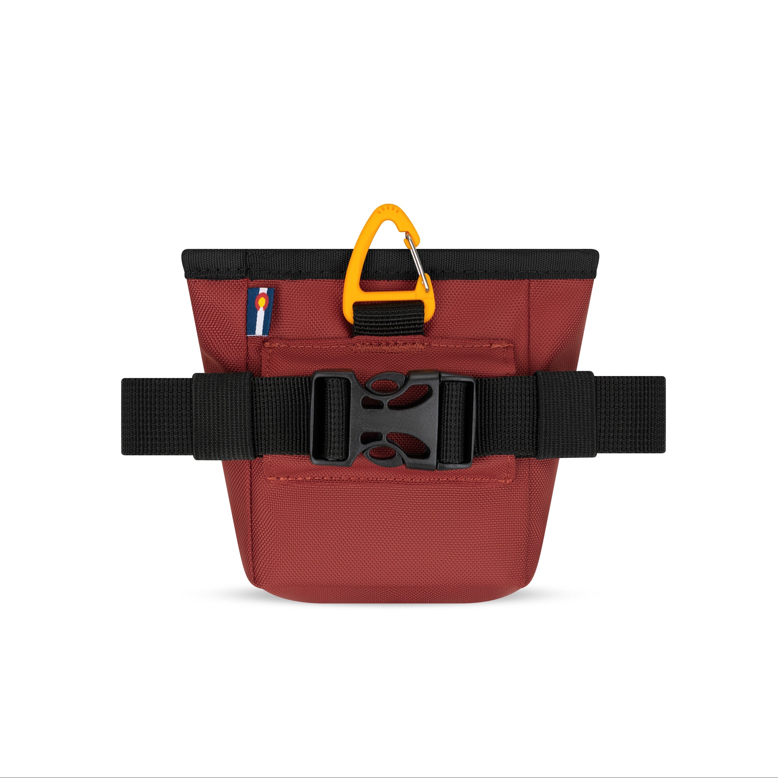 Back view of the OllyDog Goodie Treat Bag in cider color displaying the quick-release buckle and removable waist belt. #color_cider