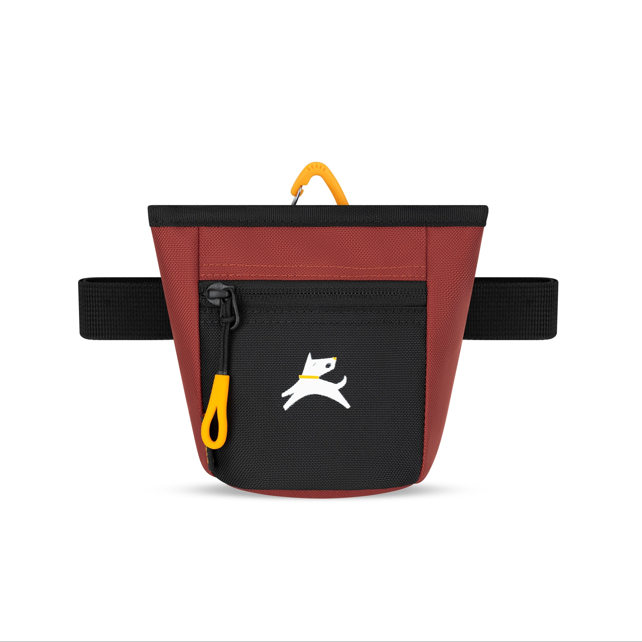 Front view of the OllyDog Goodie Treat Bag in cider color showing the magnetic closure, front zipper pocket, and waist belt for dog training. #color_cider