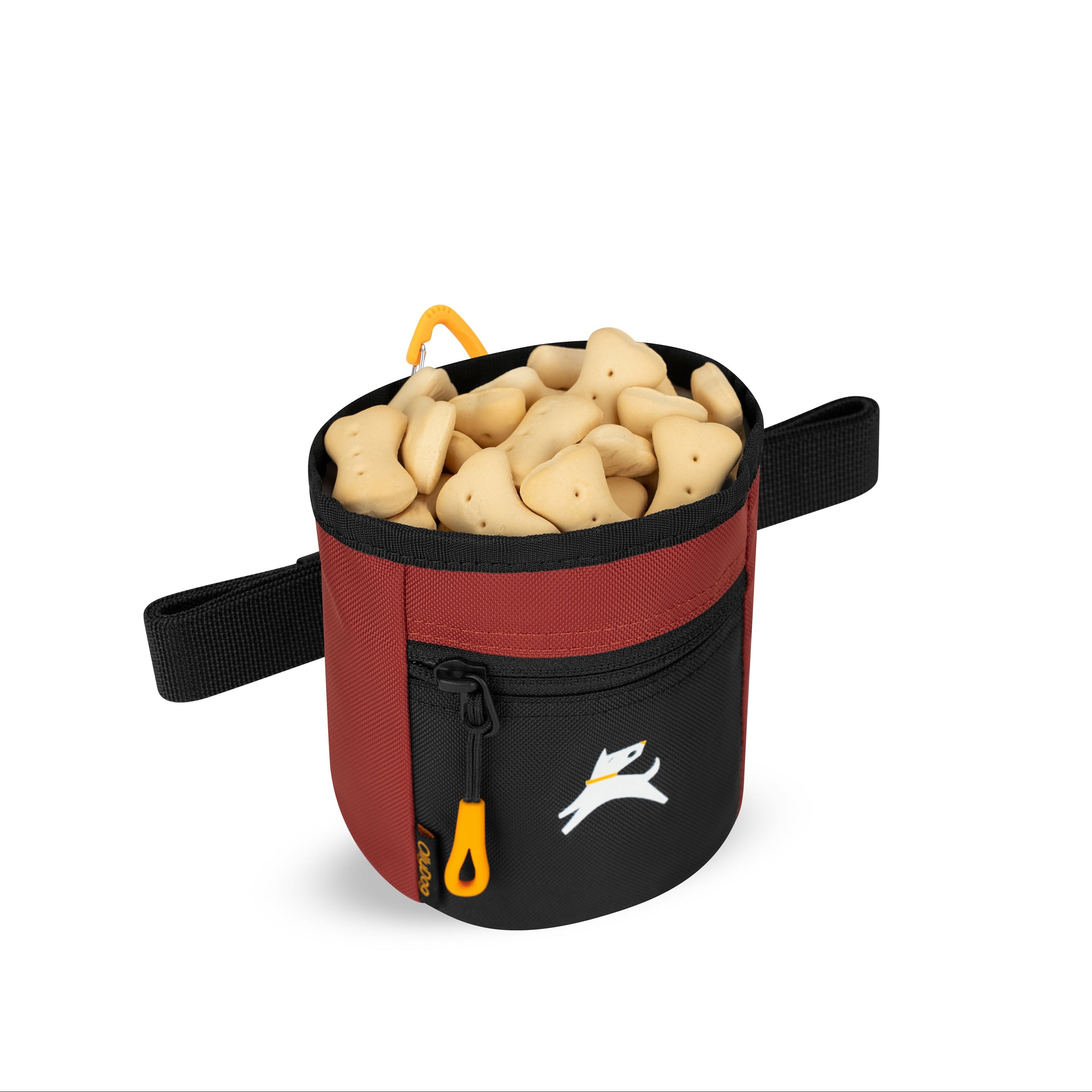 Interior view of the OllyDog Goodie Treat Bag in cider color filled with dog treats, highlighting the convenient magnetic closure opening for training. #color_cider