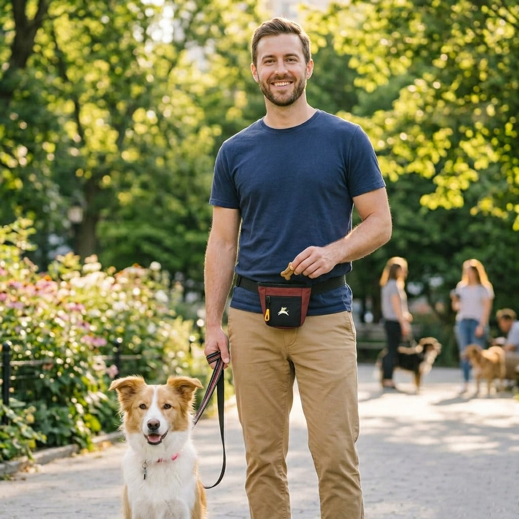 Lifestyle shot of a man walking his dog in a park while wearing the OllyDog Goodie Treat Bag in cider color around his waist and holding a treat. #color_cider
