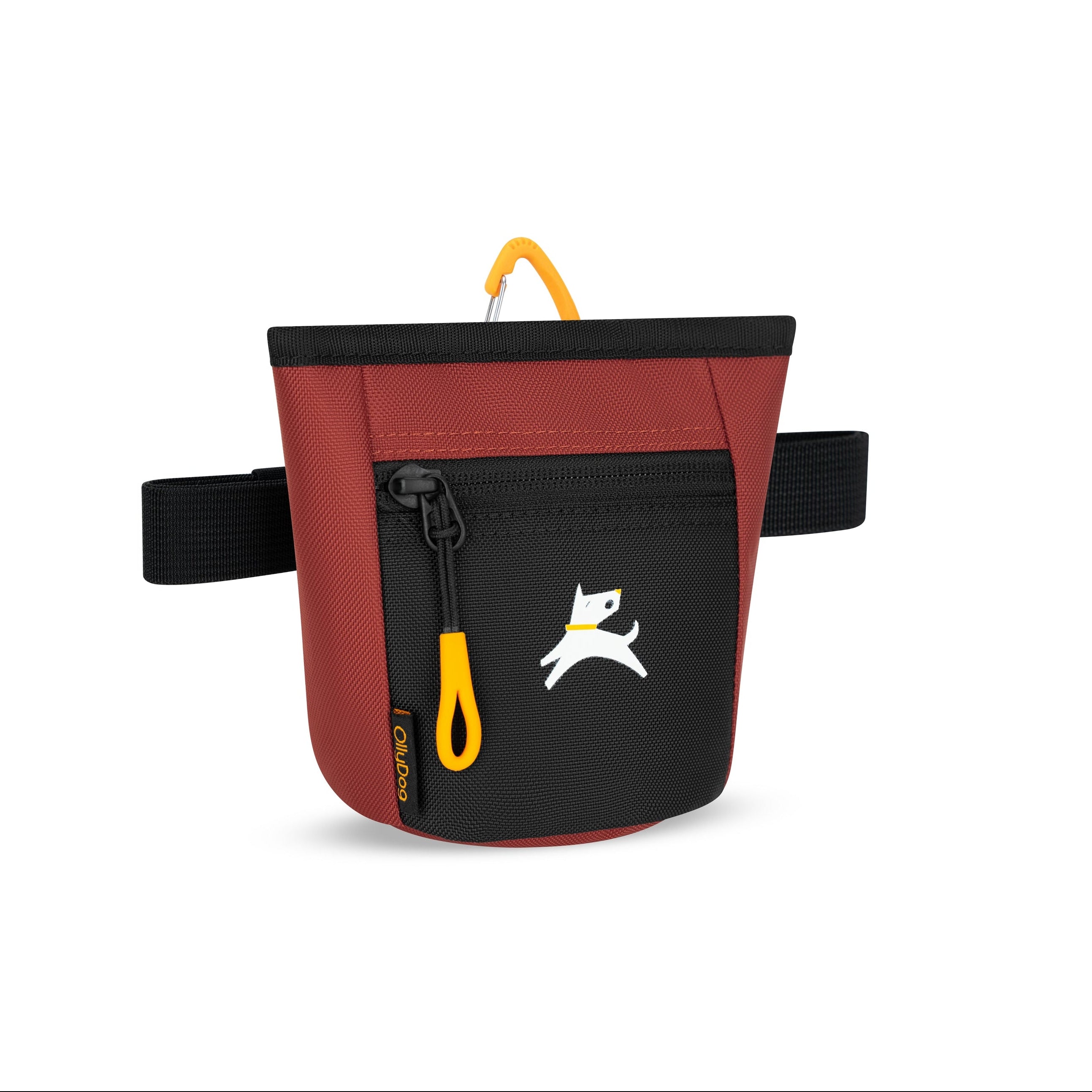 Side angle view of the OllyDog Goodie Treat Bag in cider color featuring a hands-free design, front zipper pocket, and magnetic closure for dog training. #color_cider