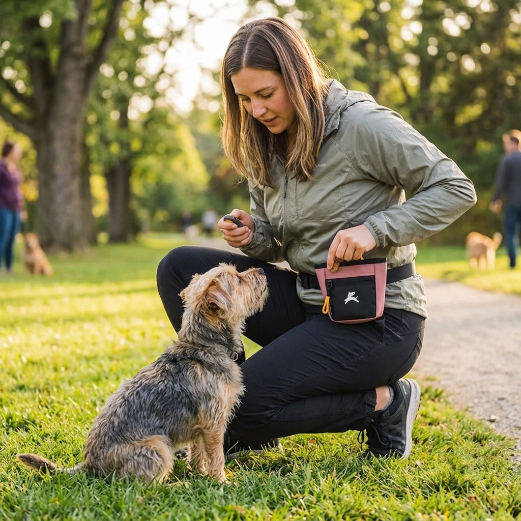 Lifestyle shot of a woman training her dog in a park while wearing the OllyDog Goodie Treat Bag in desert color around her waist and reaching for a treat. #color_desert