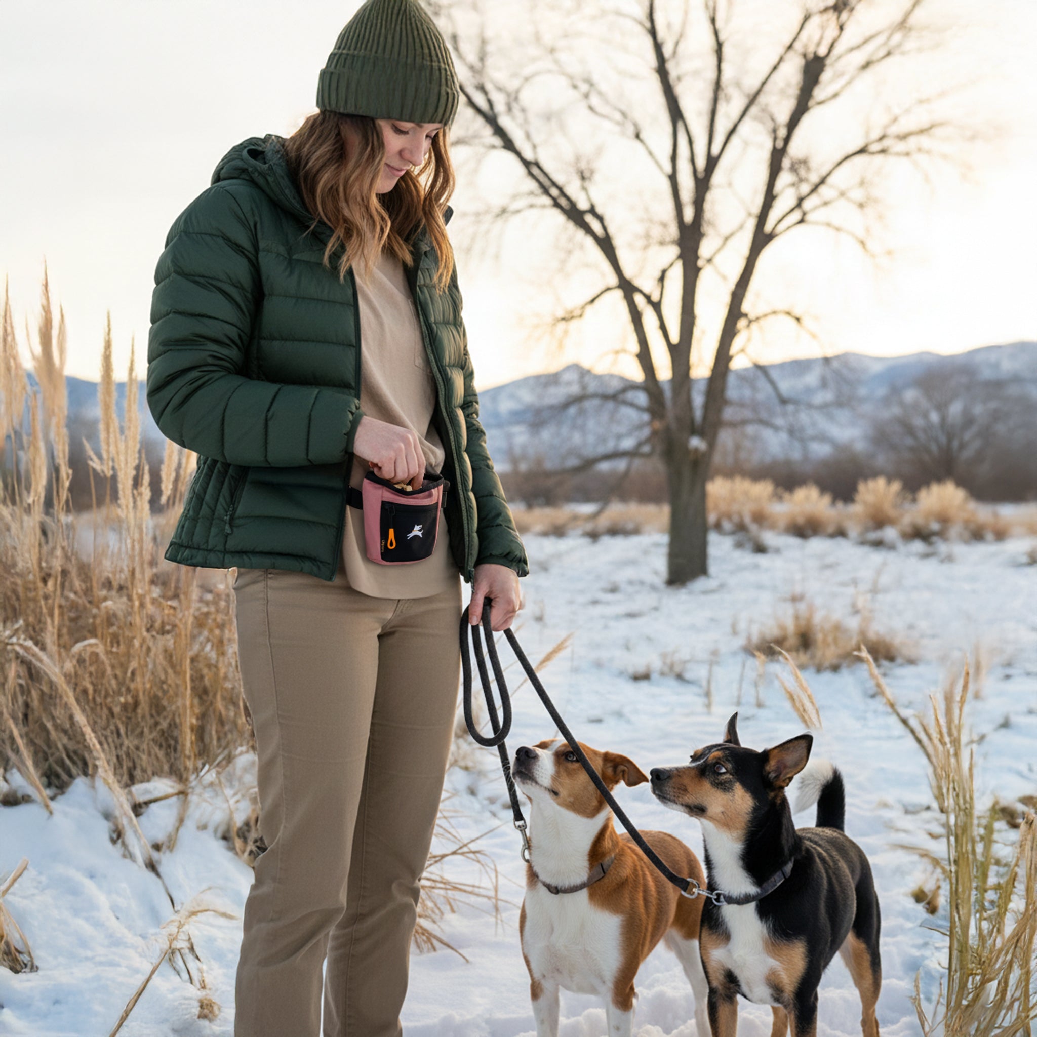 Lifestyle shot of a woman walking her dogs in a snowy winter landscape while wearing the OllyDog Goodie Treat Bag in desert color around her waist. #color_desert