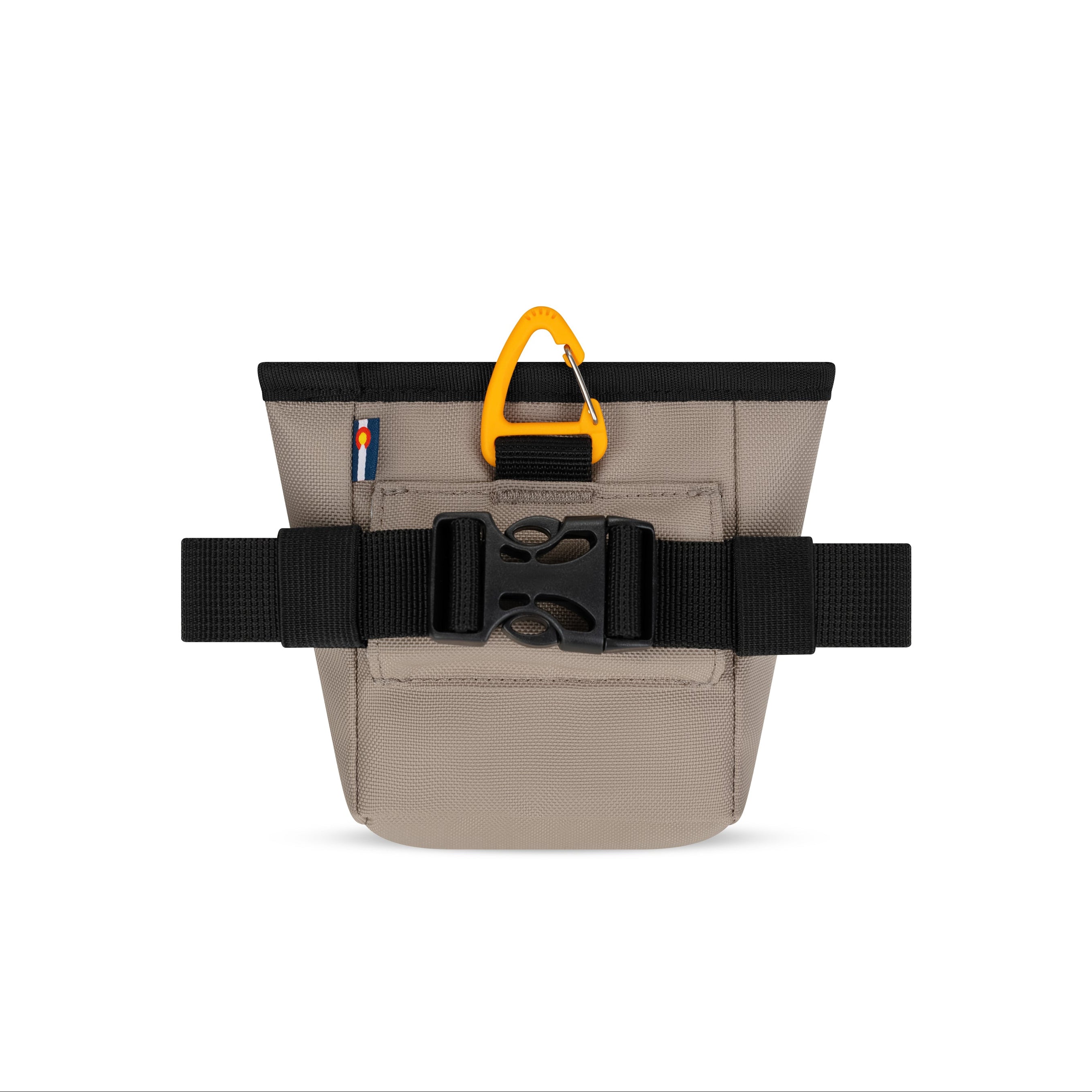 Back view of the OllyDog Goodie Treat Bag in dune color displaying the quick-release buckle and removable waist belt. #color_dune