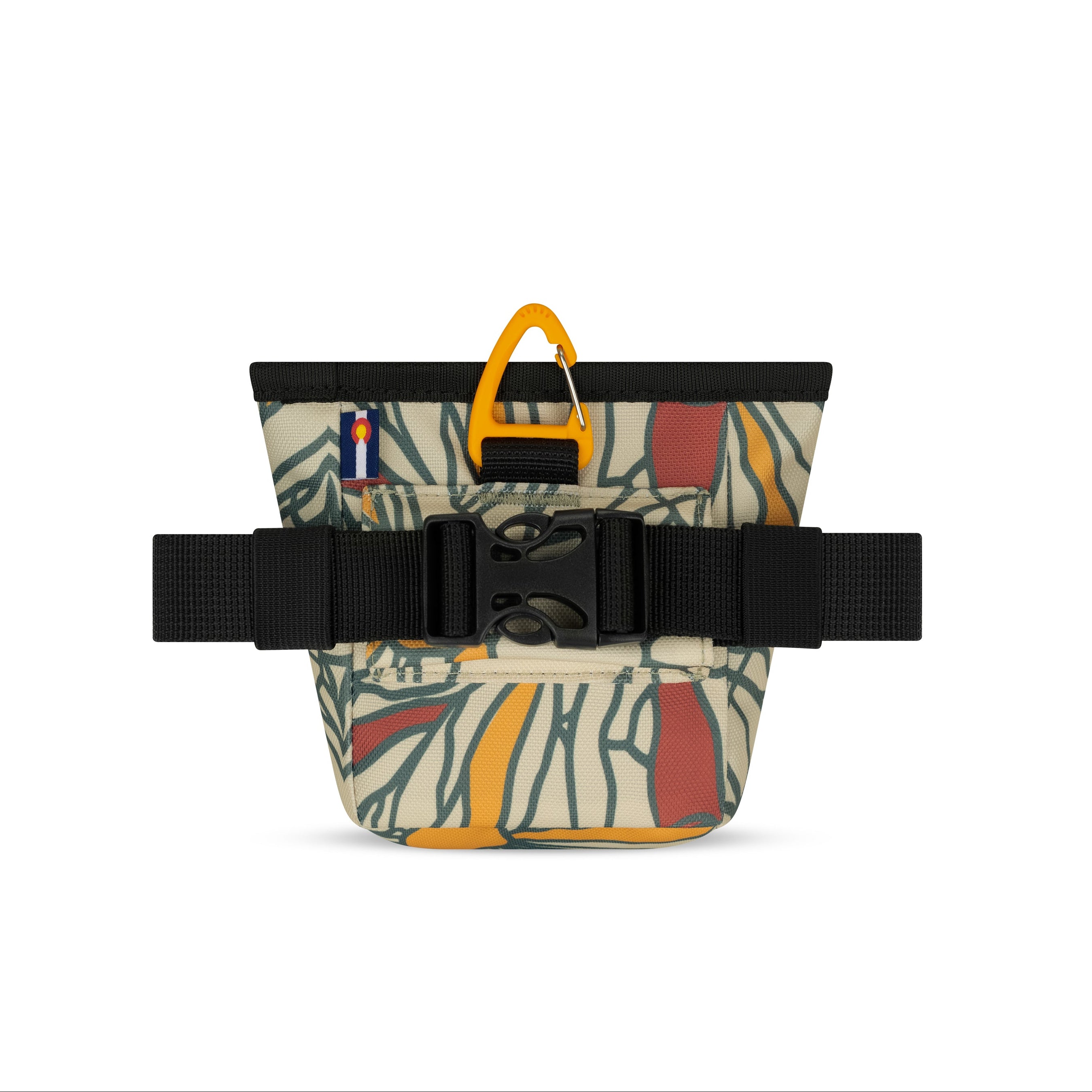 Back view of the OllyDog Goodie Treat Bag in fiori print displaying the quick-release buckle and removable waist belt. #color_fiori