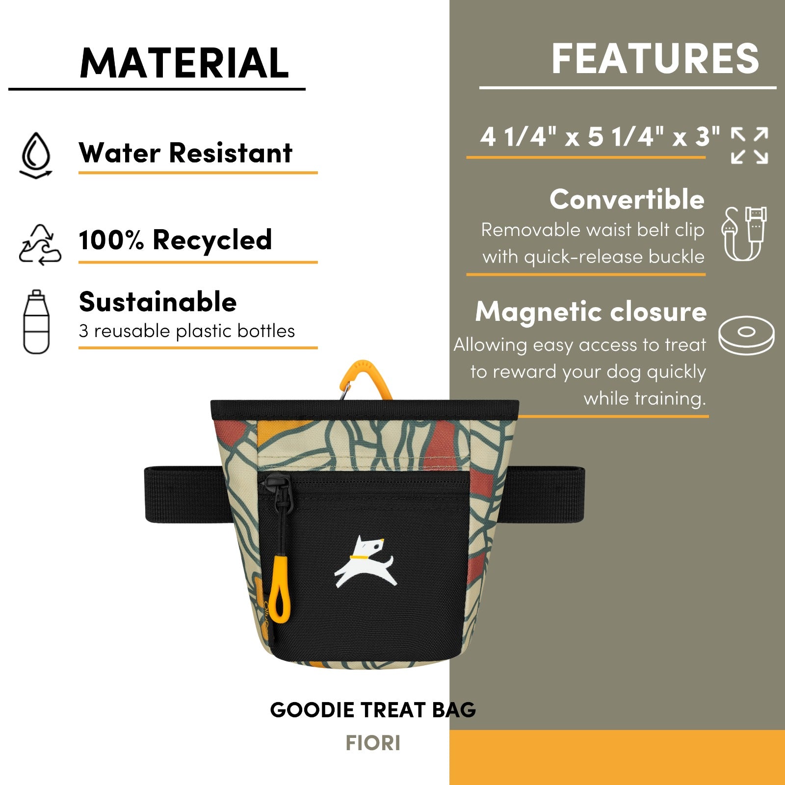 Infographic detailing the material and features of the OllyDog Goodie Treat Bag in fiori print, including water-resistant material, 100% recycled fabric, dimensions, and magnetic closure. #color_fiori