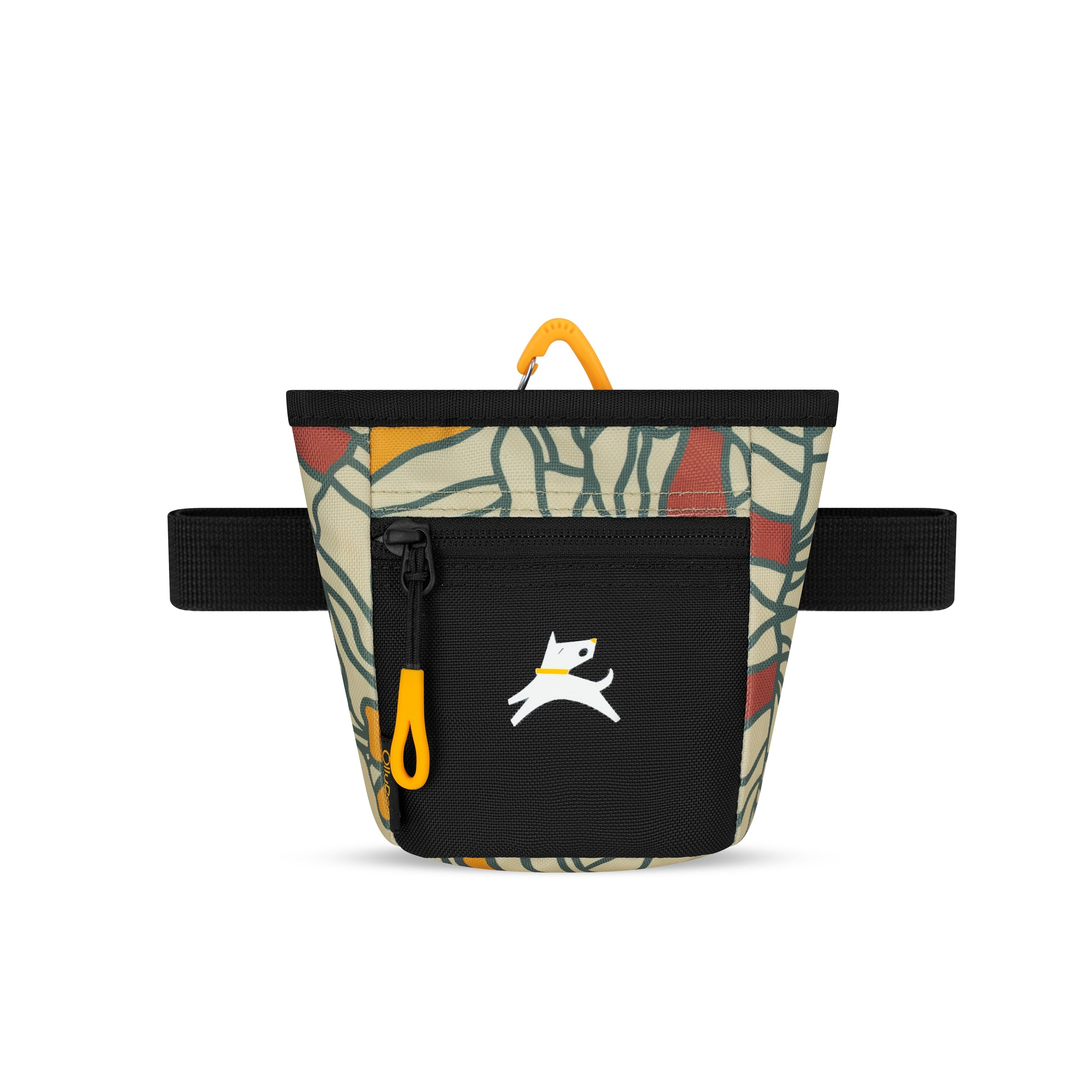 Front view of the OllyDog Goodie Treat Bag in fiori print showing the magnetic closure, front zipper pocket, and waist belt for dog training. #color_fiori