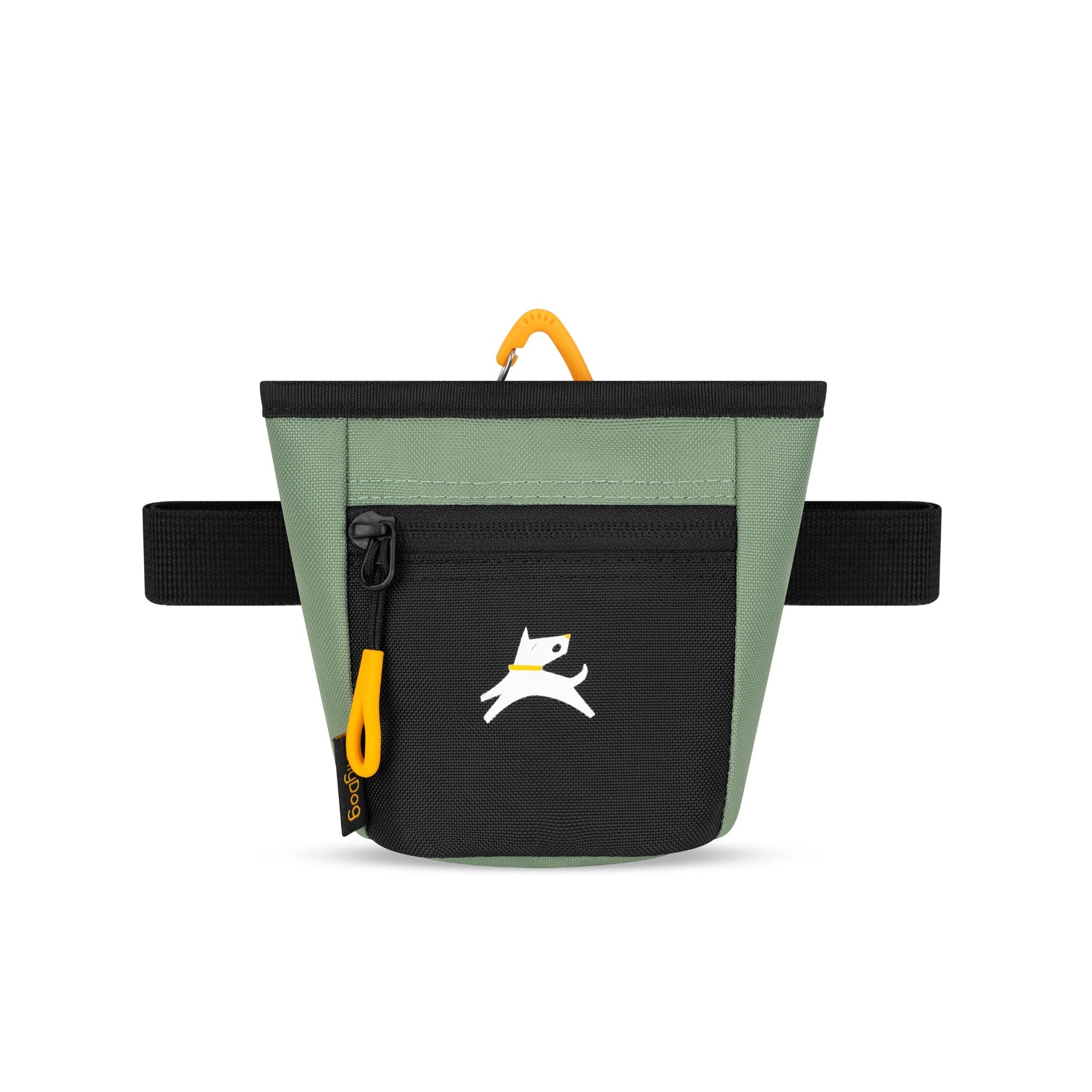 Front view of the OllyDog Goodie Treat Bag showcasing the magnetic closure, front zipper pocket, and signature branding for dog training. #color_olivine