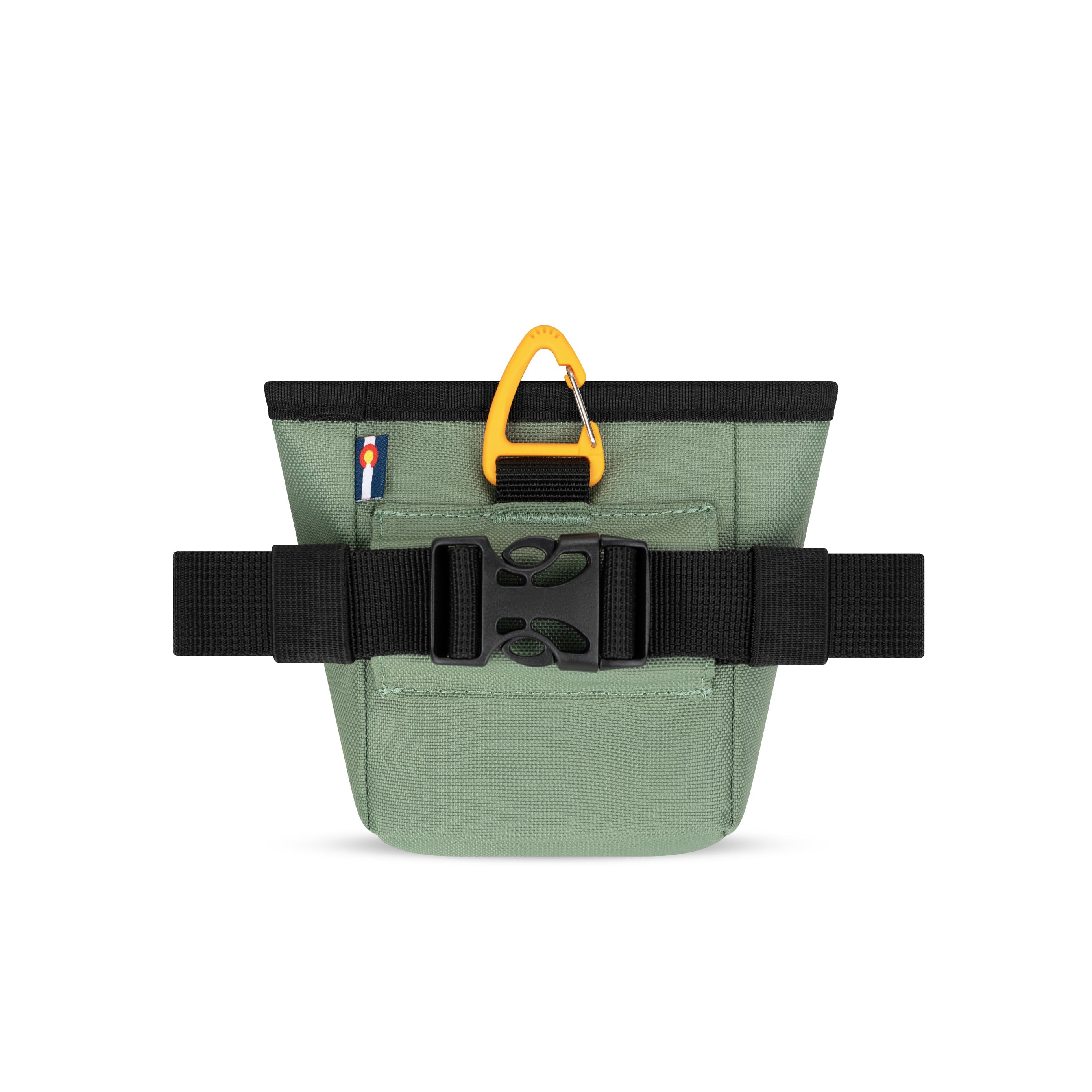Back view of the OllyDog Goodie Treat Bag in olivine showing the quick-release buckle and waist belt attachment. #color_olivine