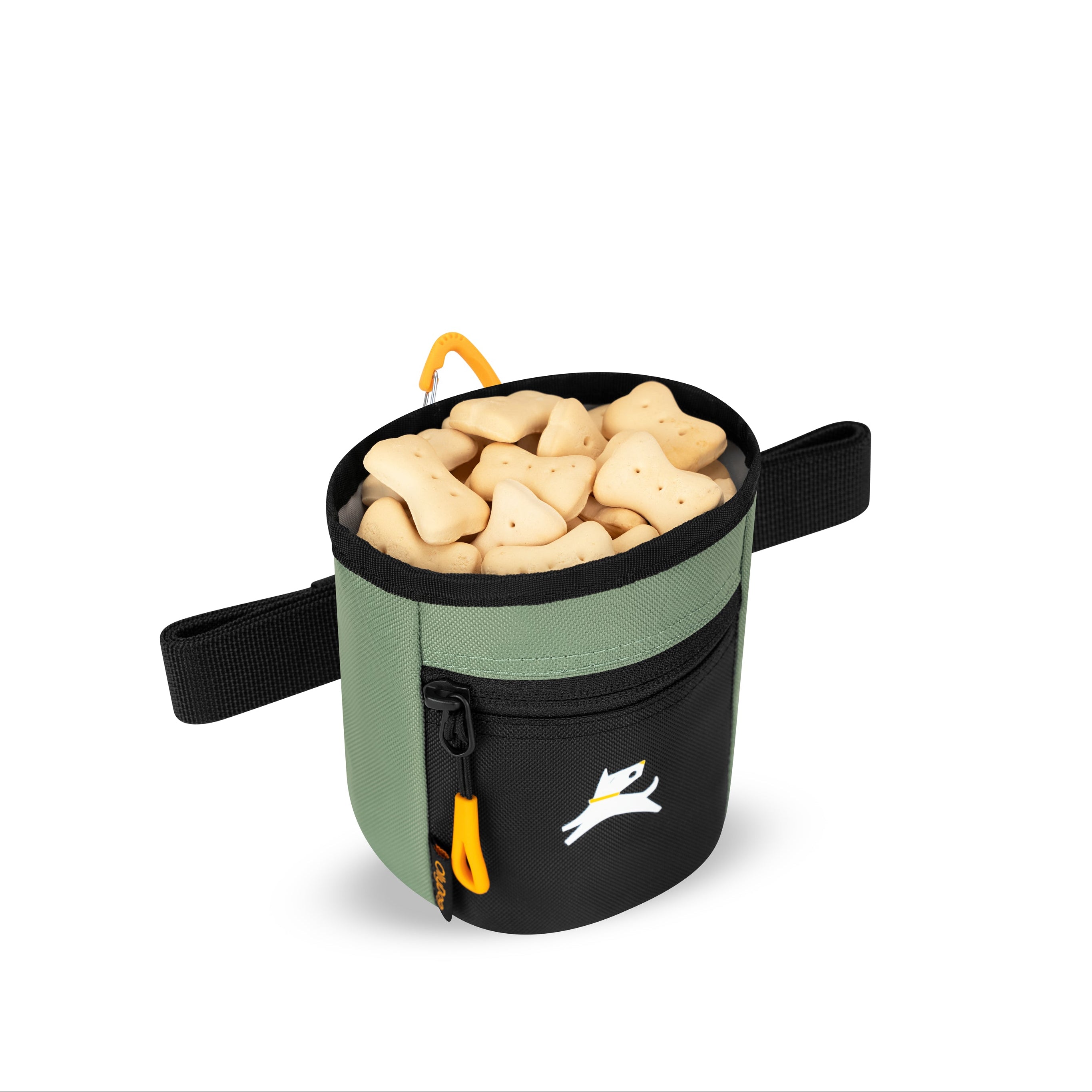 Interior view of the OllyDog Goodie Treat Bag in olivine filled with dog treats, highlighting the convenient magnetic closure opening for training. #color_olivine
