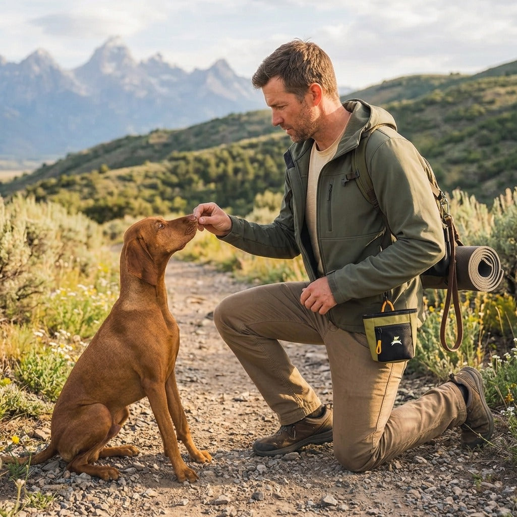 Lifestyle shot of a man kneeling on a mountain trail training his dog with a treat while wearing the OllyDog Goodie Treat Bag in palm color around his waist. #color_alchemy