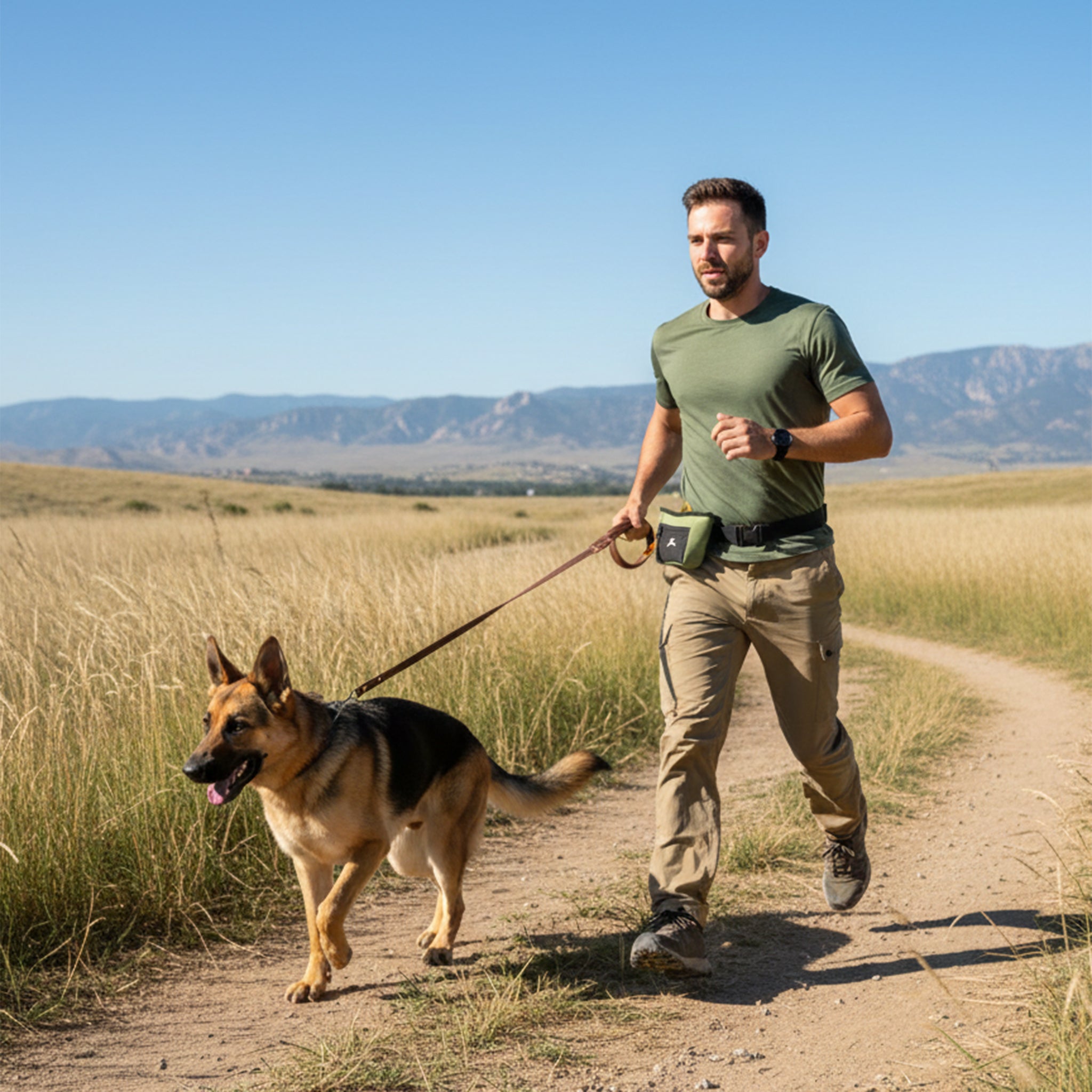 Lifestyle shot of a man running on a grassy trail with his German Shepherd dog while wearing the OllyDog Goodie Treat Bag in palm color around his waist. #color_palm
