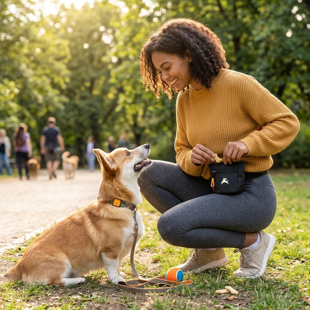 Lifestyle shot of a woman training her corgi dog in a park while wearing the OllyDog Goodie Treat Bag in raven color around her waist and reaching for a treat. #color_raven s'25