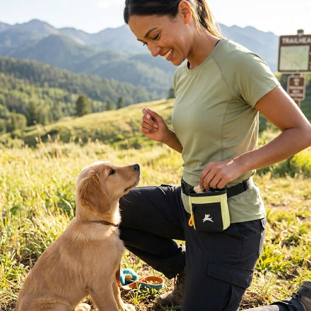 Lifestyle shot of a woman training her golden retriever puppy on a mountain trailhead while wearing the OllyDog Goodie Treat Bag in sol color around her waist and reaching for a treat. #color_sol