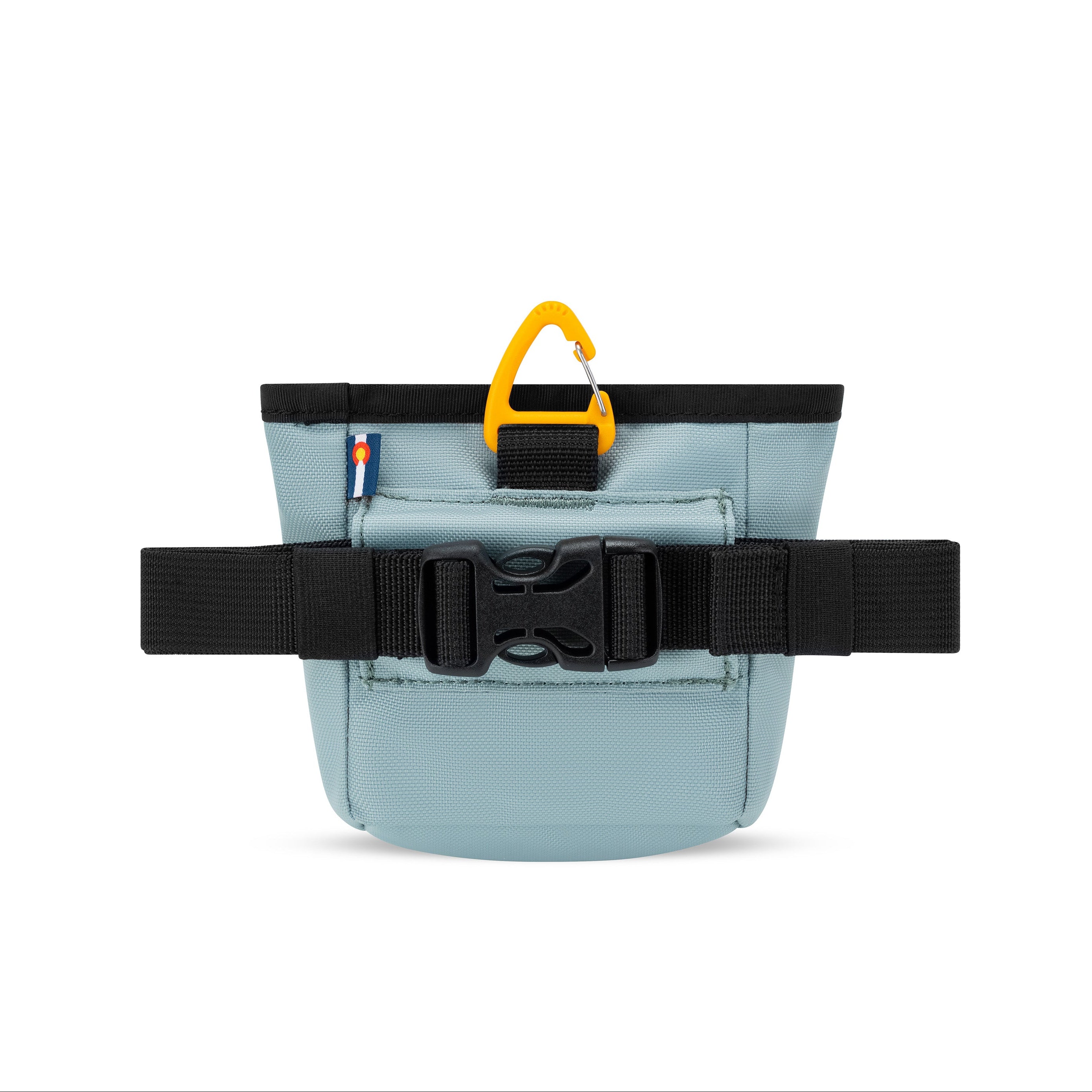 Back view of the OllyDog Goodie Treat Bag in st. lucia color displaying the quick-release buckle and removable waist belt. #color_st. lucia